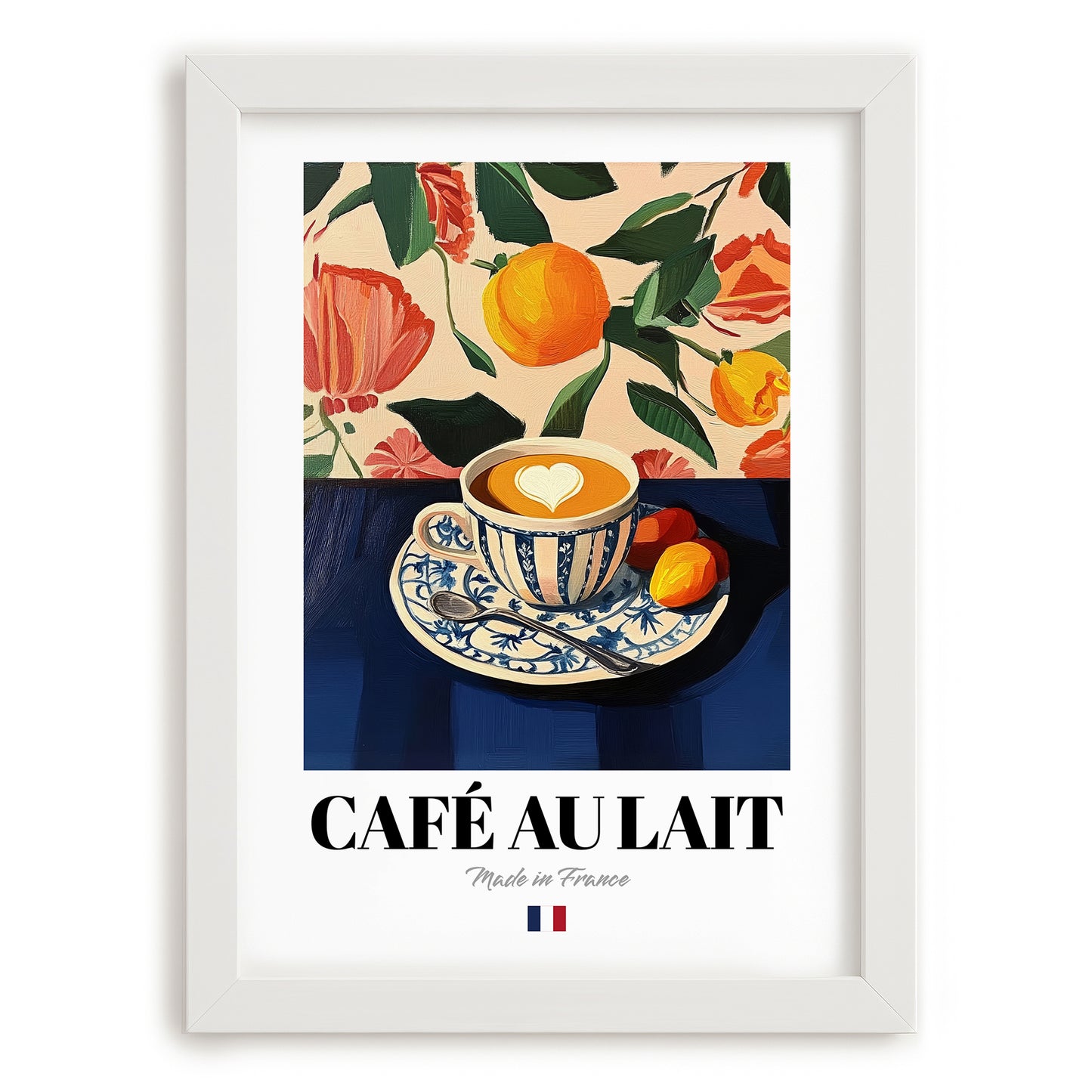 Café au Lait – French Coffee, Café Painting, placed in minimal white frame