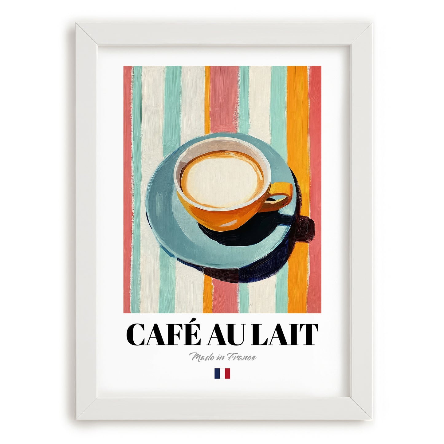 Café au Lait – French Coffee, Coffeehouse Wall Art, placed in minimal white frame