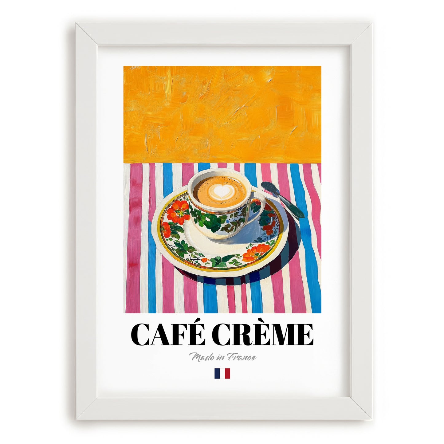 Café Crème – French Coffee, Espresso Bar Wall Art, placed in minimal white frame