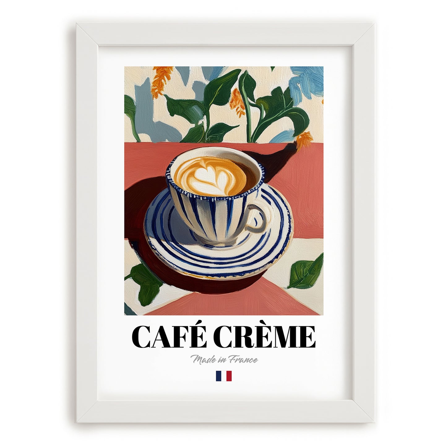 Café Crème – French Coffee, Espresso Bar Wall Decor, placed in minimal white frame
