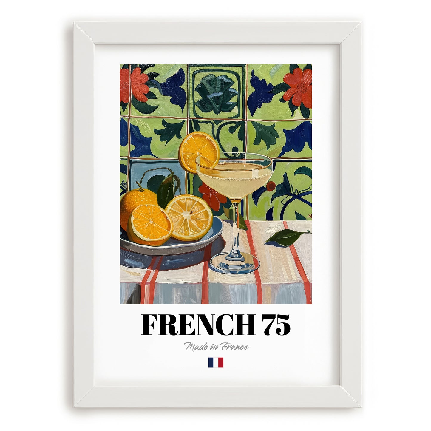 French 75 – French Cocktail Drink, Beach Bar Art, placed in minimal white frame