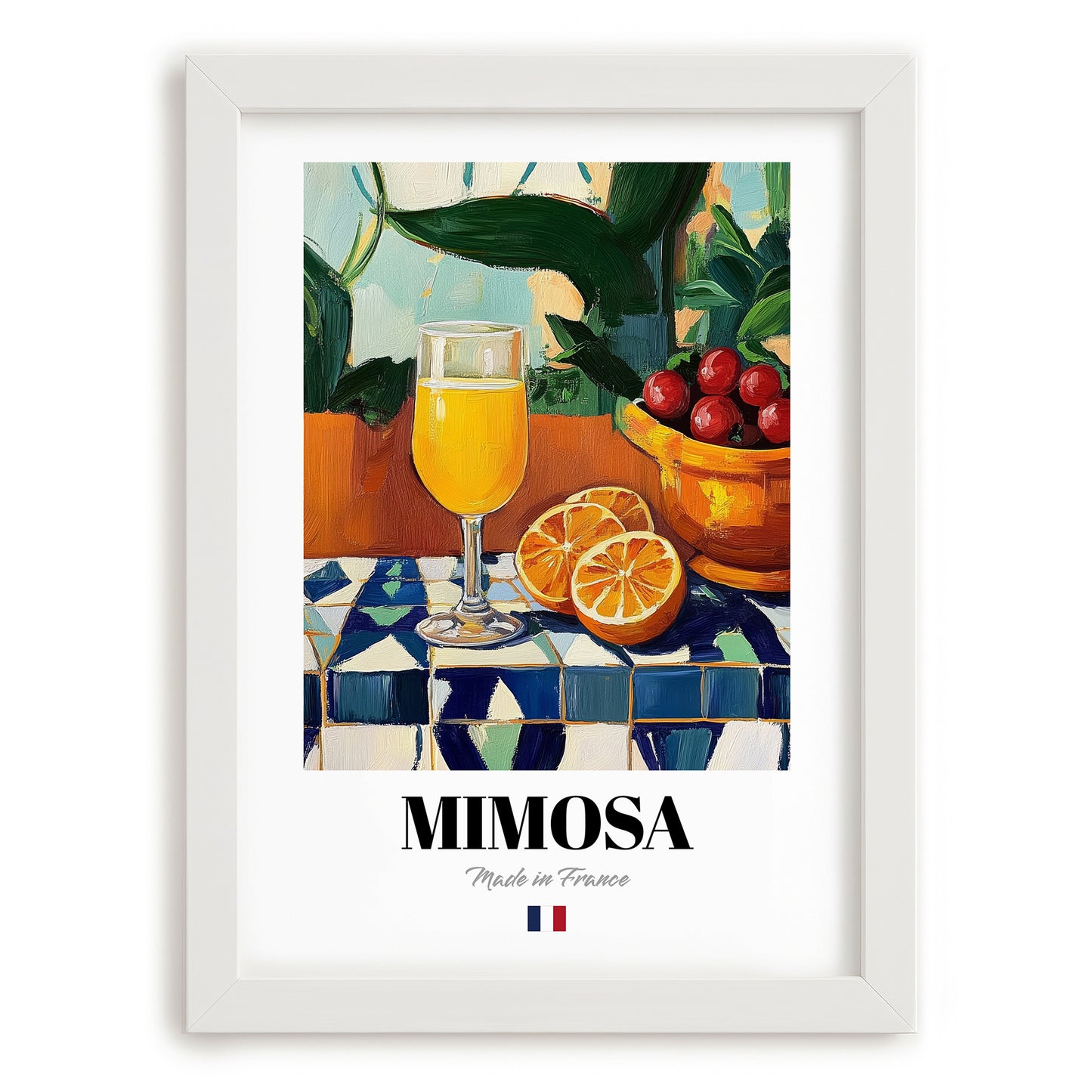 Mimosa – French Cocktail Drink, Beach Bar Wall Art, placed in minimal white frame