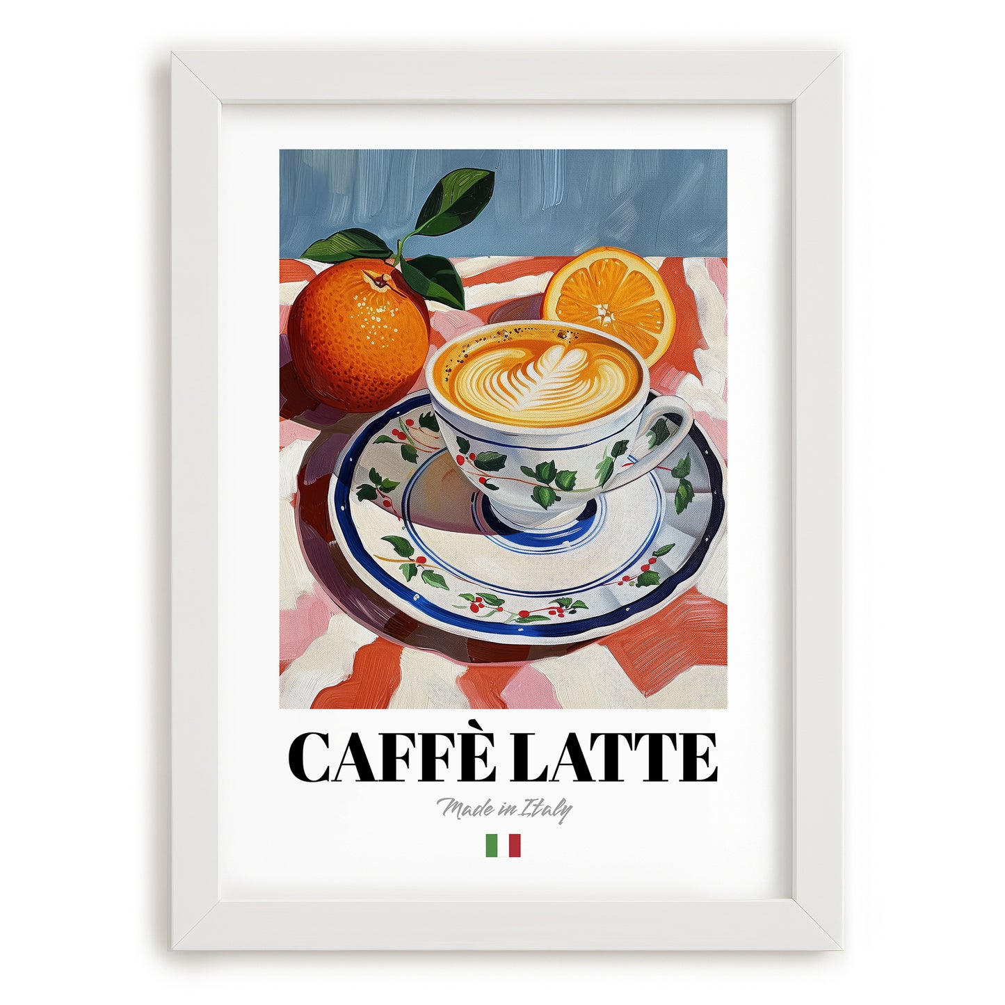 Caffè Latte – Italian Coffee, Espresso Bar Print, placed in minimal white frame