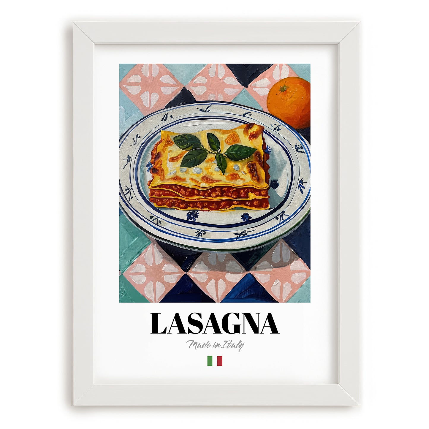 Lasagna – Italian Pasta, Trattoria Print, placed in minimal white frame