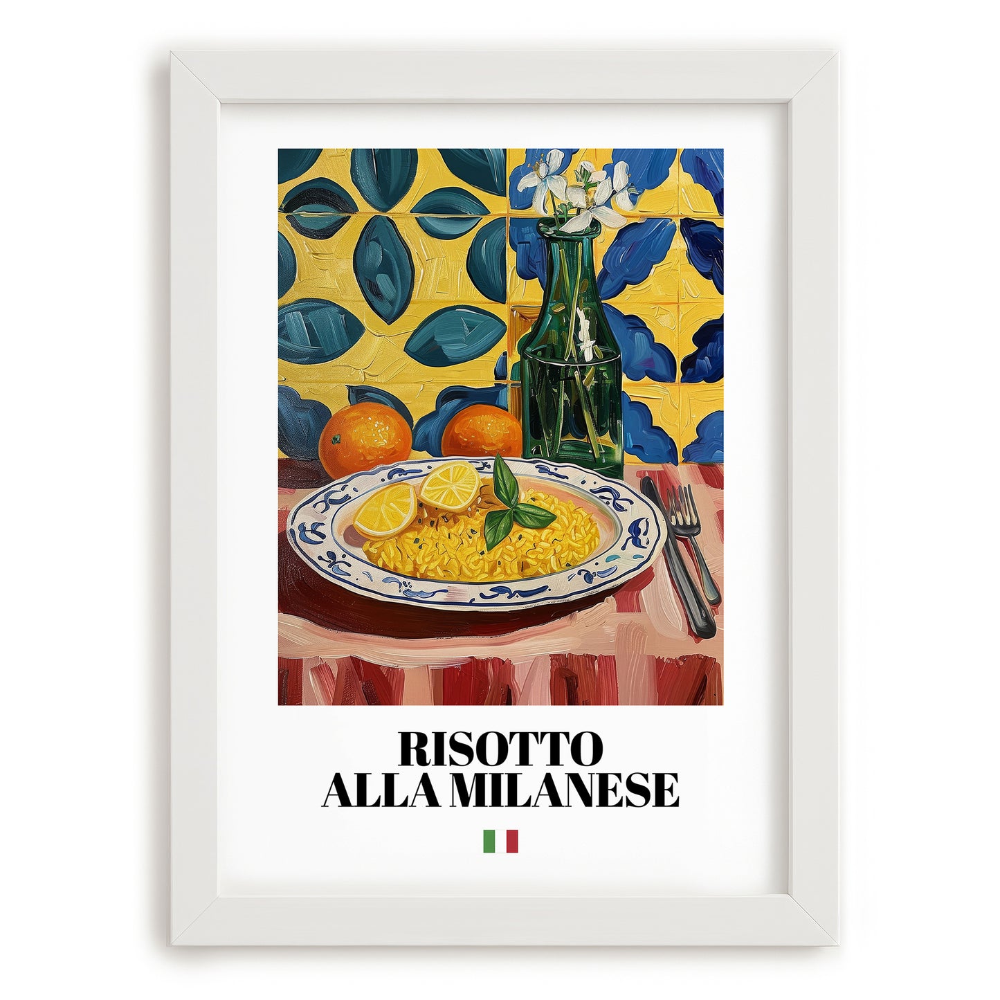 Risotto alla Milanese – Italian Rice Dish, Farmhouse Kitchen Illustration, placed in minimal white frame
