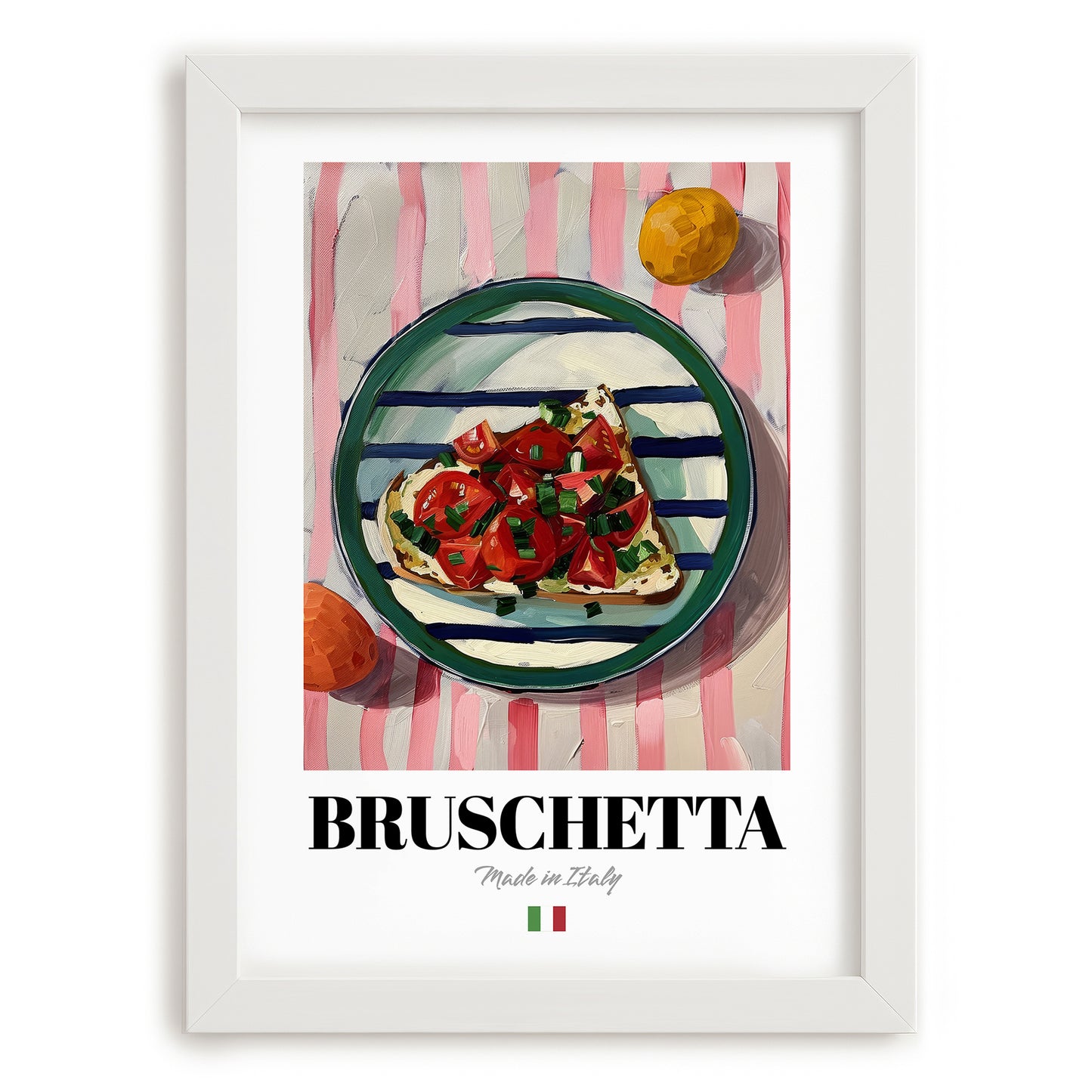 Bruschetta – Italian Snack Dish, Fine Dining Restaurant Print, placed in minimal white frame