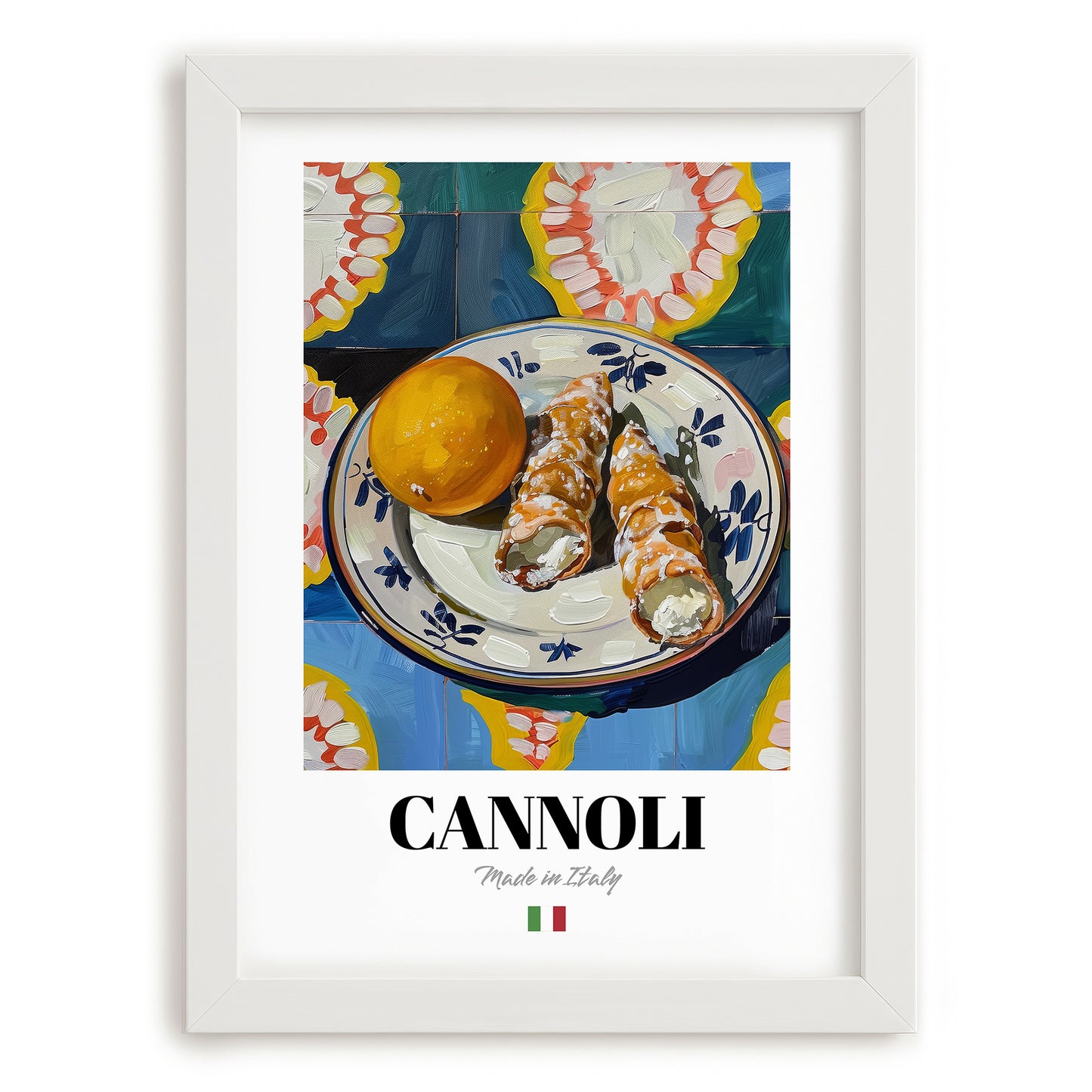 Cannoli – Italian Dessert Dish, Bistro Print, placed in minimal white frame