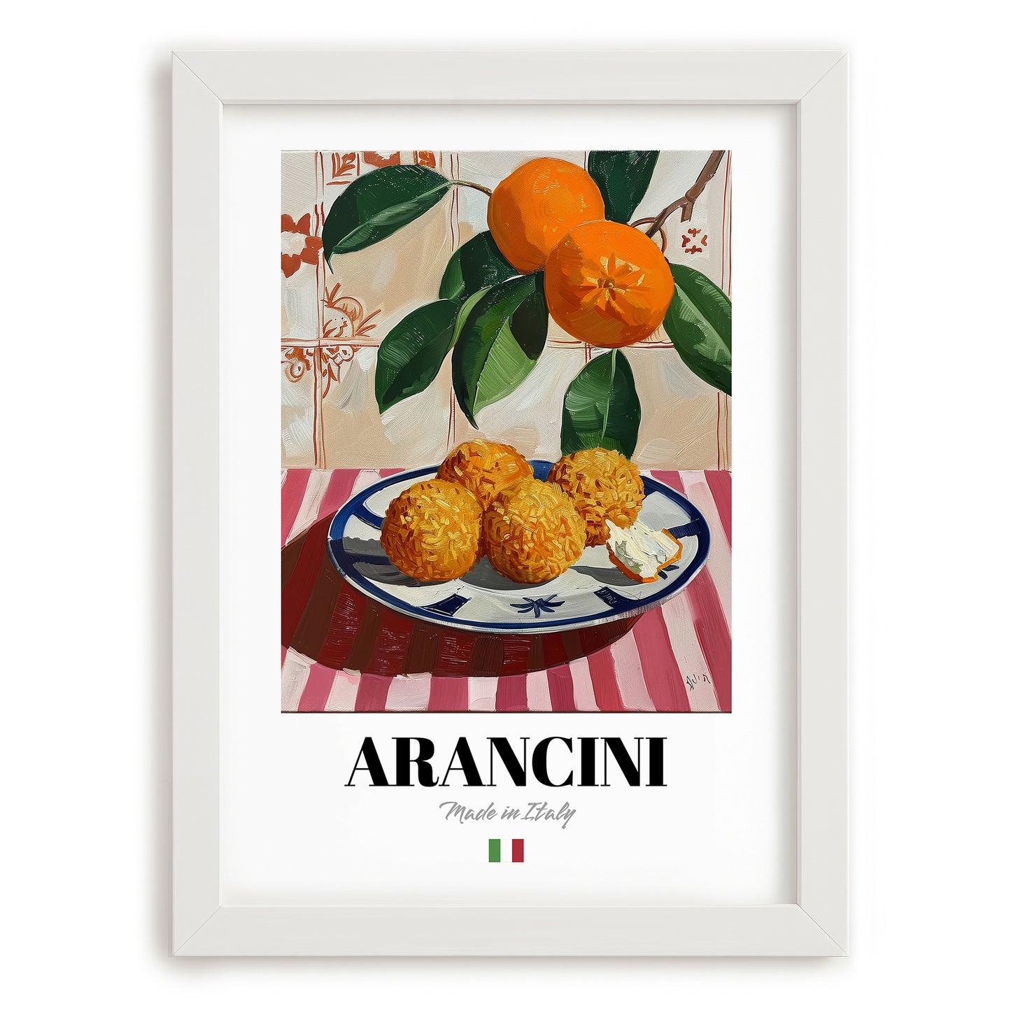 Arancini – Italian Snack Dish, Food Bar Painting, placed in minimal white frame