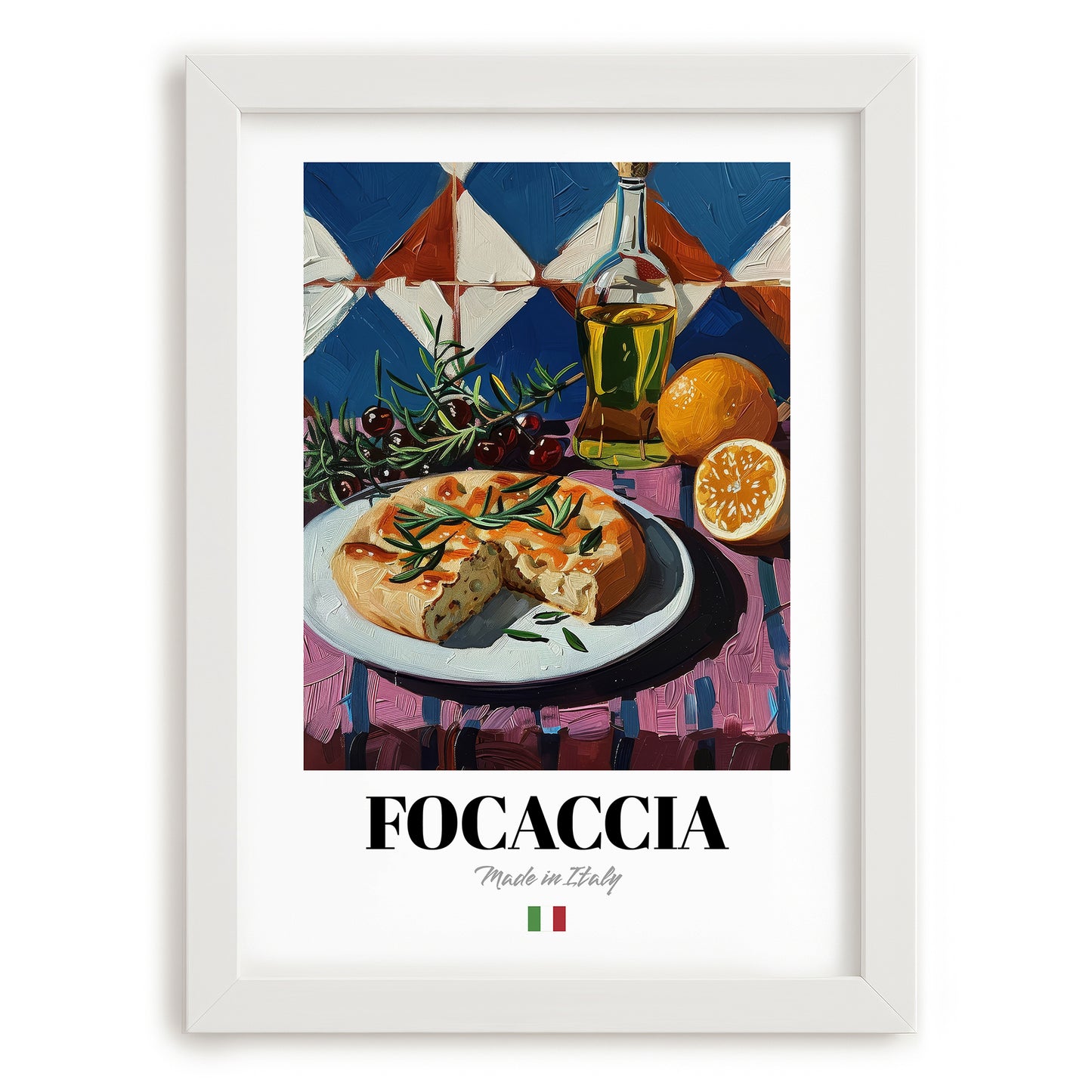 Focaccia – Italian Bread Dish, Tavern Poster, placed in minimal white frame