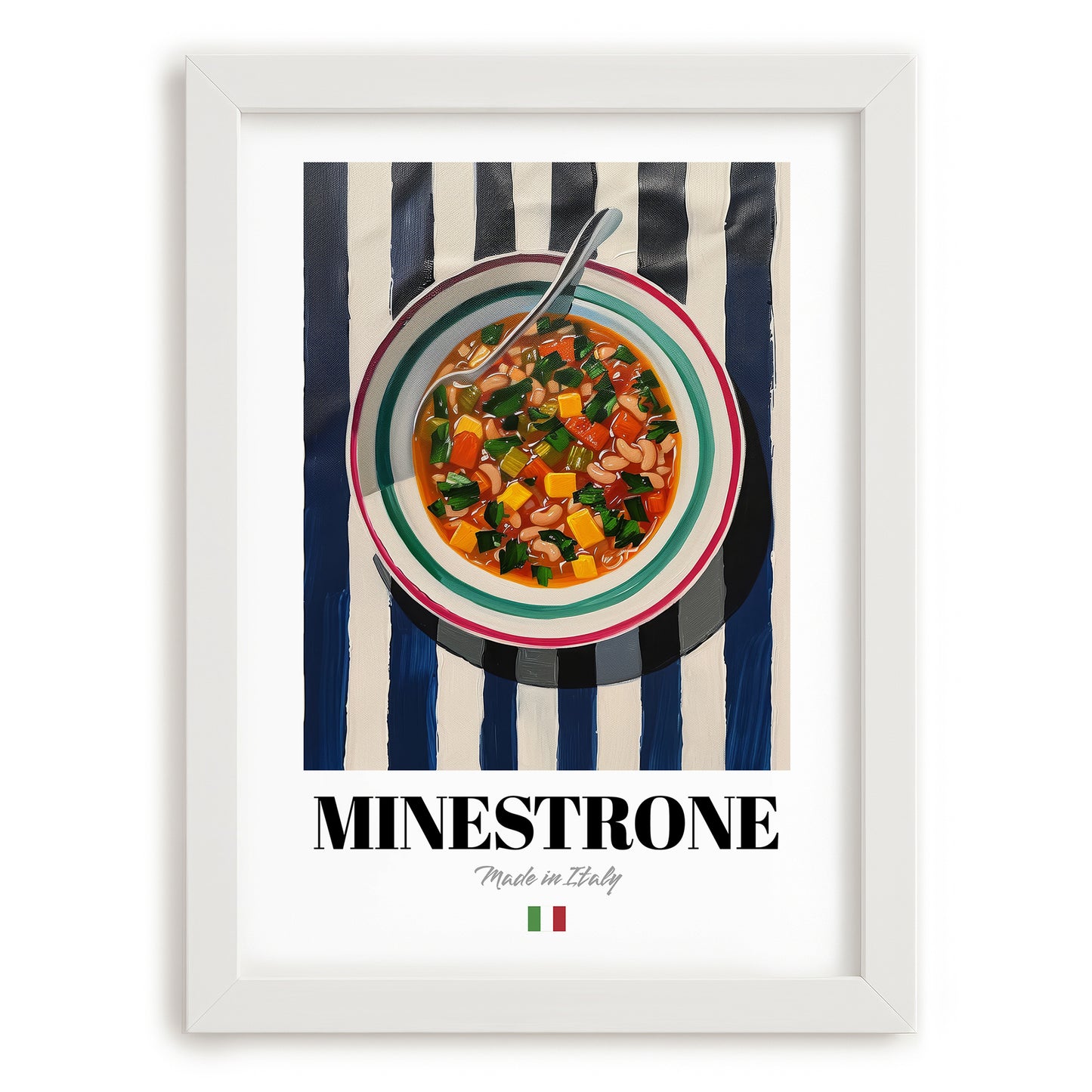 Minestrone – Italian Soup Dish, Brasserie Illustration, placed in minimal white frame