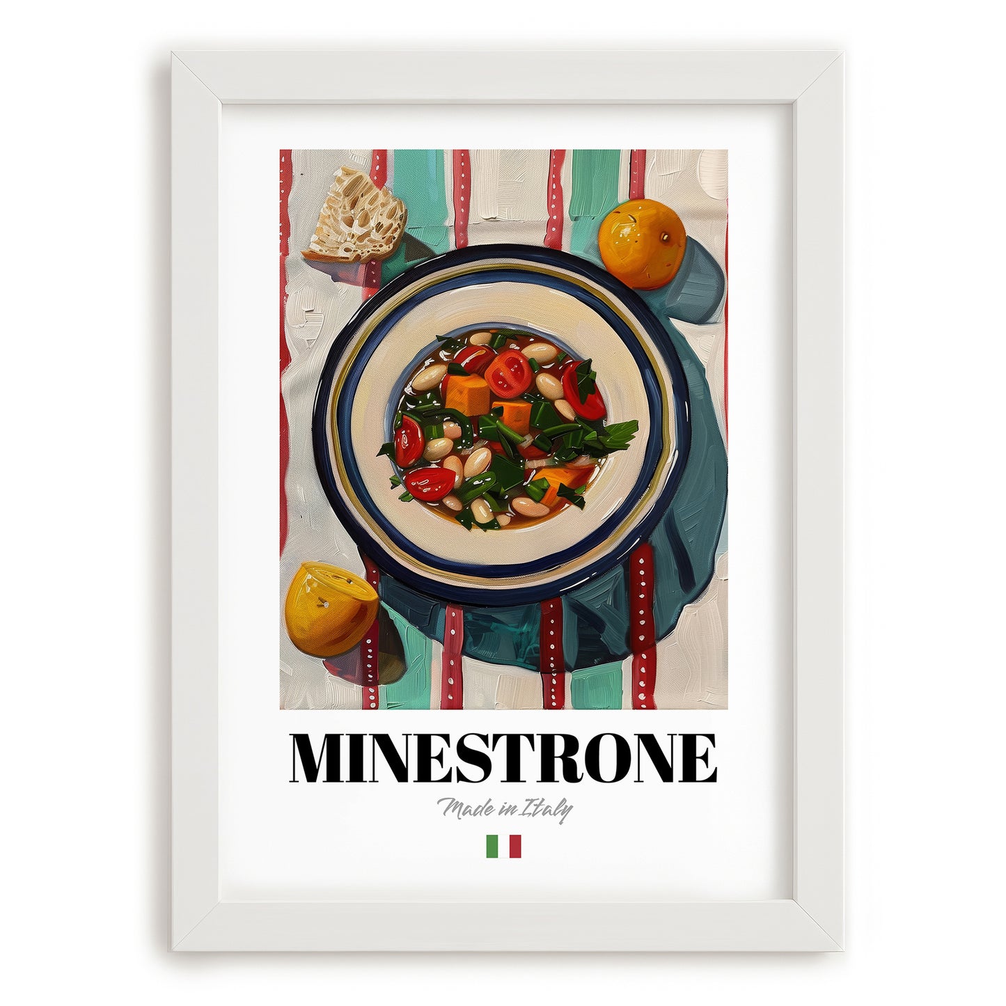 Minestrone – Italian Soup Dish, Café Still Life, placed in minimal white frame