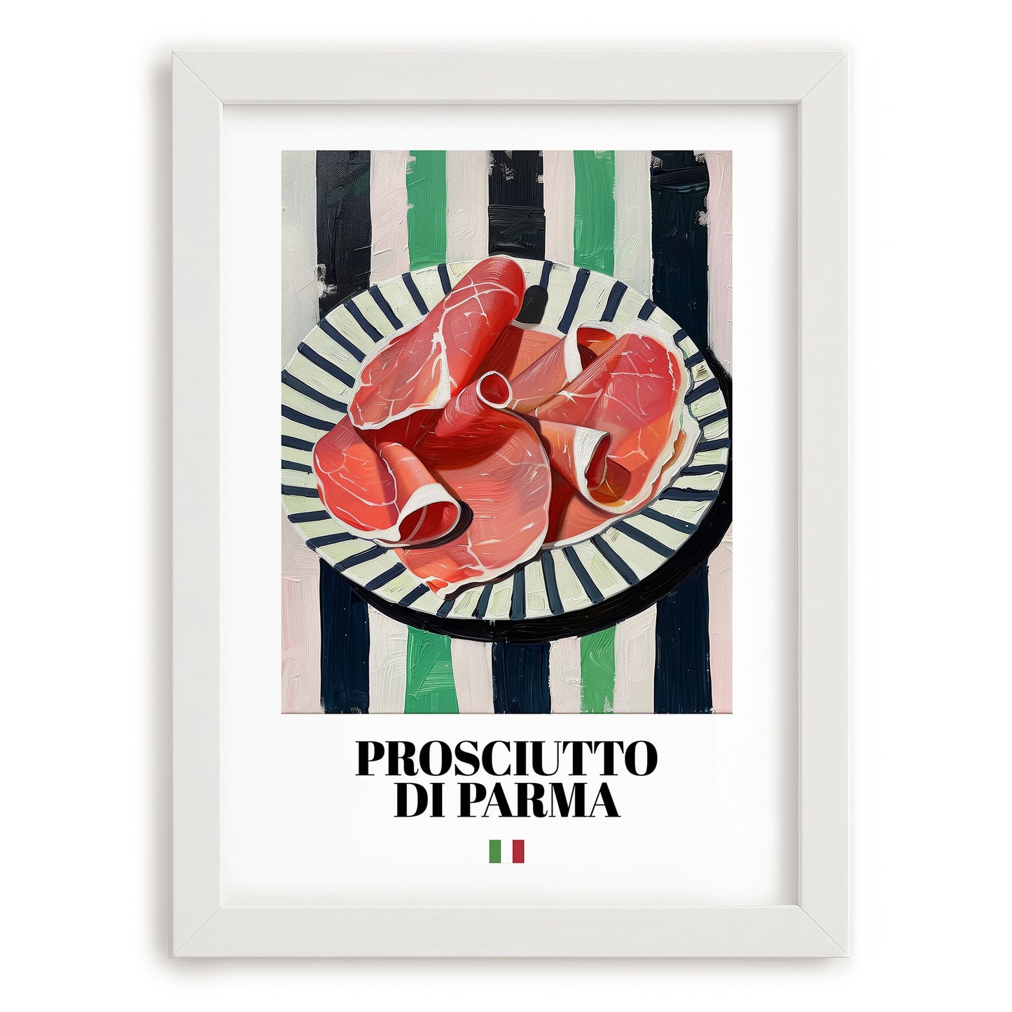 Prosciutto di Parma – Italian Meat Dish, Farmhouse Kitchen Painting, placed in minimal white frame