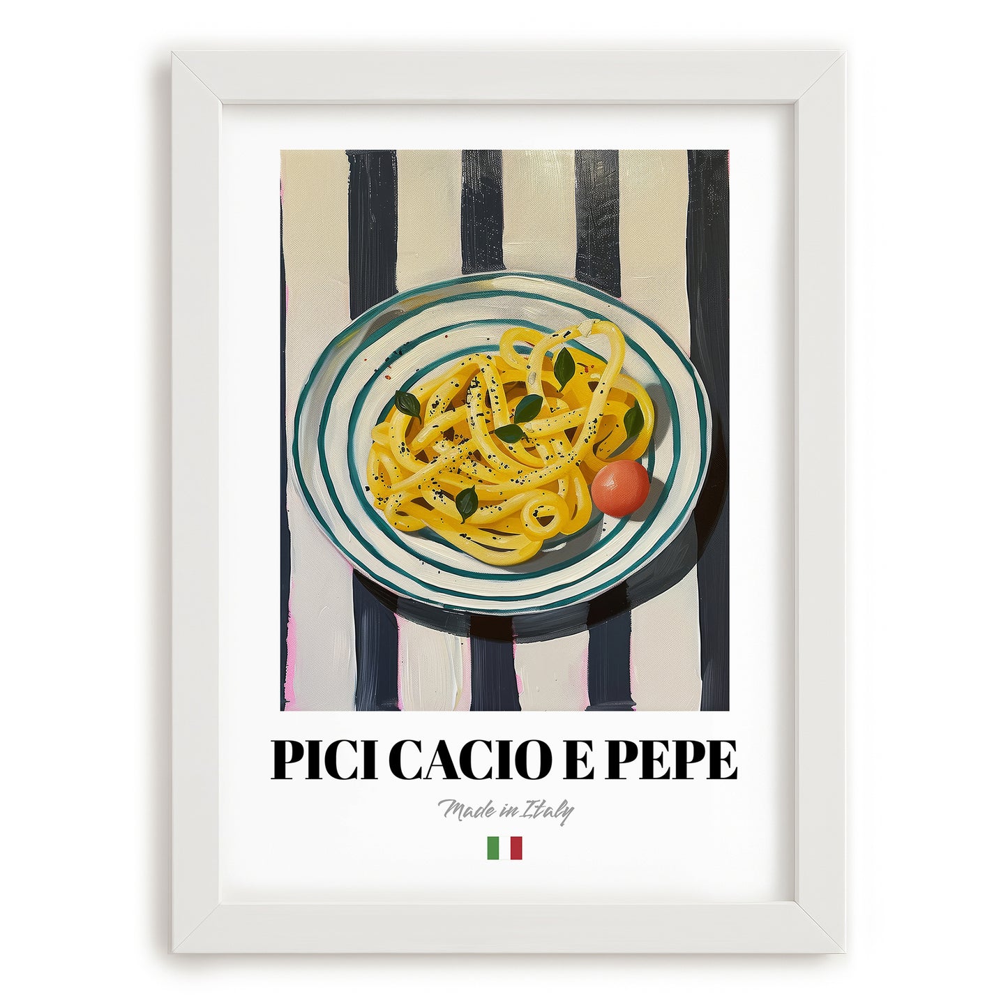 Pici Cacio e Pepe – Italian Pasta, Ristorante Wall Art, placed in minimal white frame