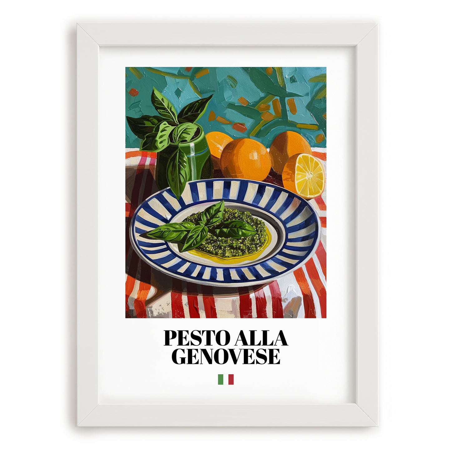Pesto alla Genovese – Italian Pasta, Osteria Wall Decor, placed in minimal white frame