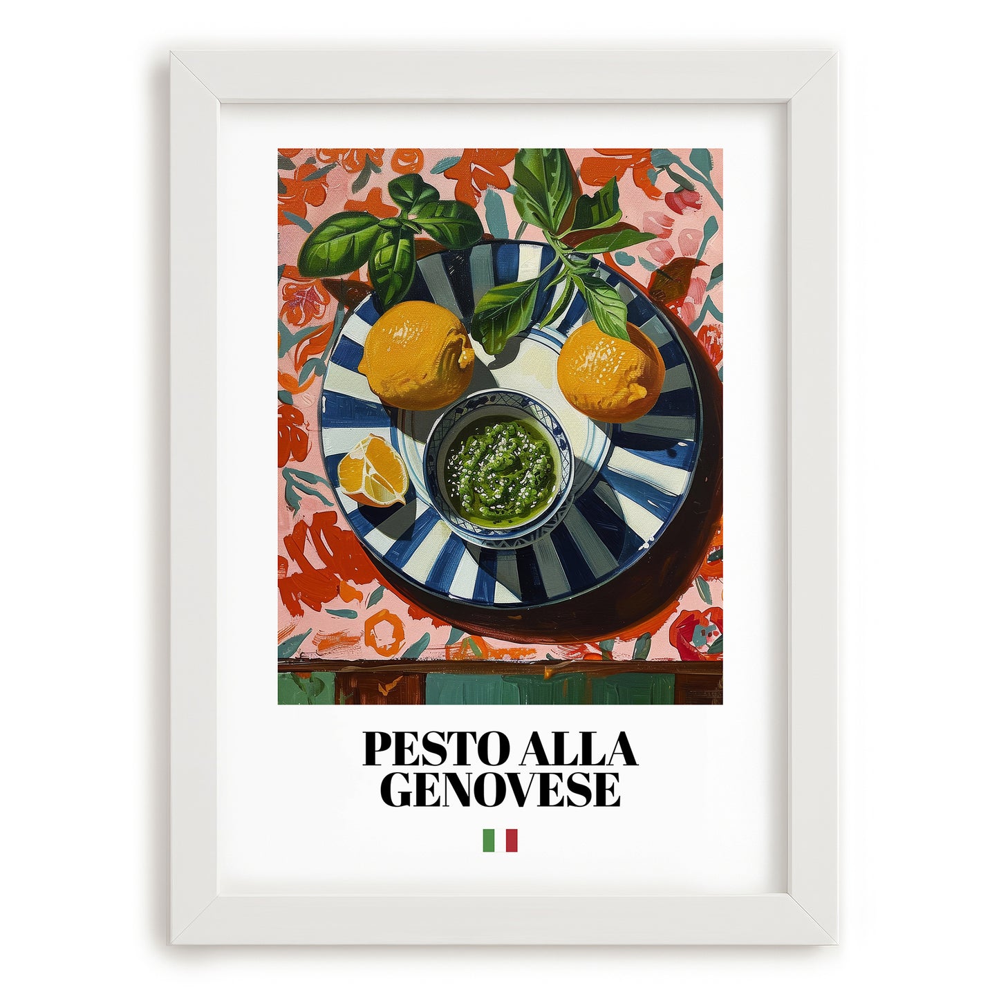 Pesto alla Genovese – Italian Pasta, Ristorante Illustration, placed in minimal white frame