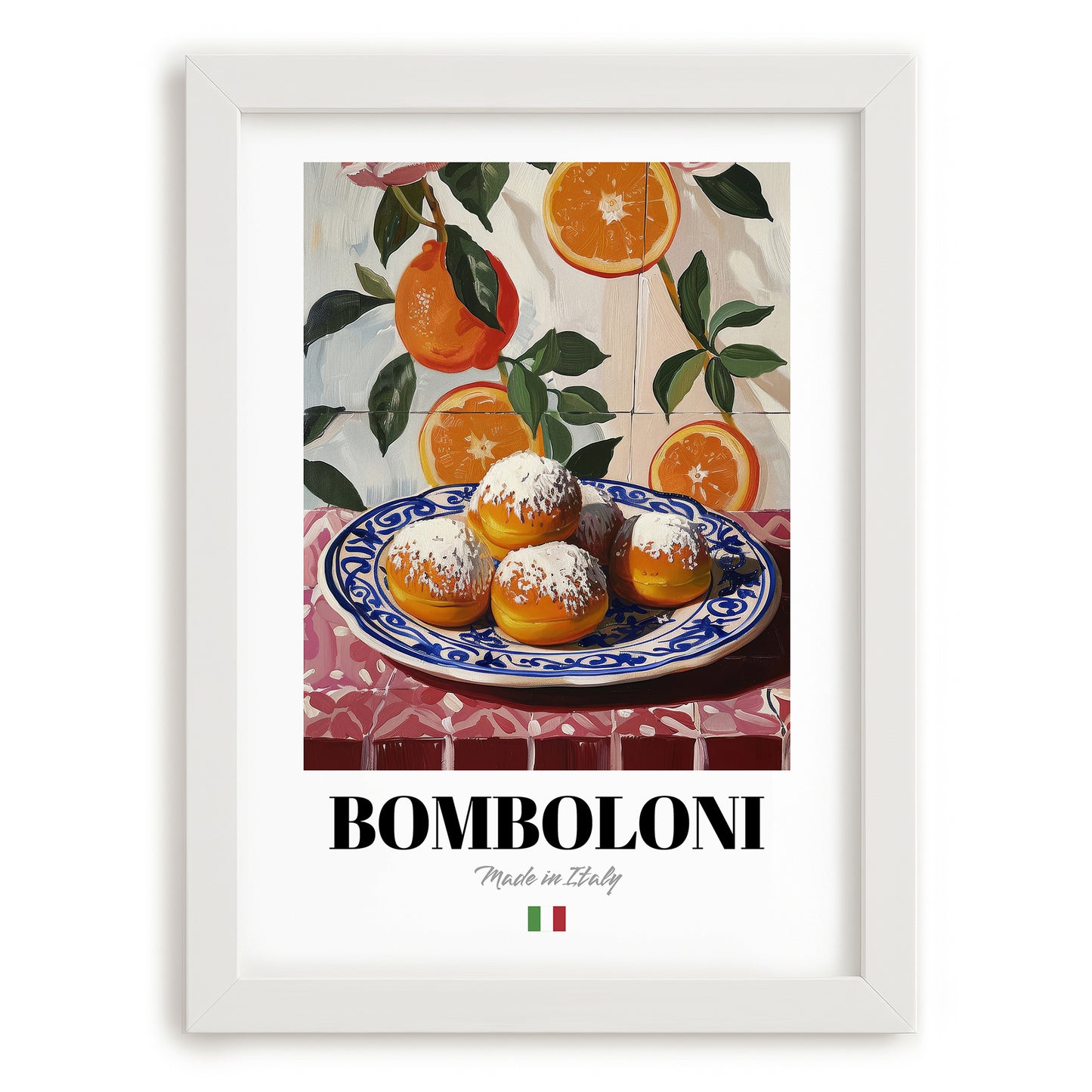 Bomboloni – Italian Pastry Dish, Restaurant Painting, placed in minimal white frame