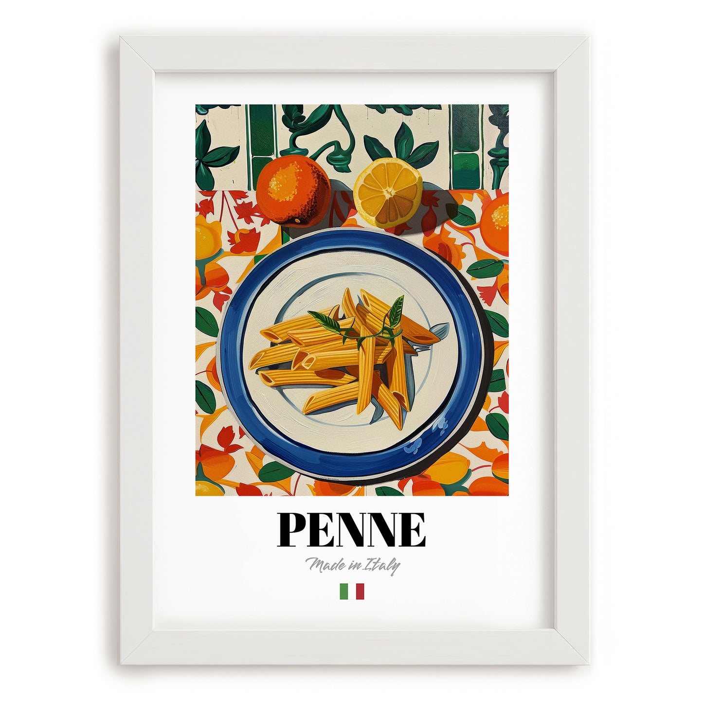 Penne – Italian Pasta, Trattoria Painting, placed in minimal white frame