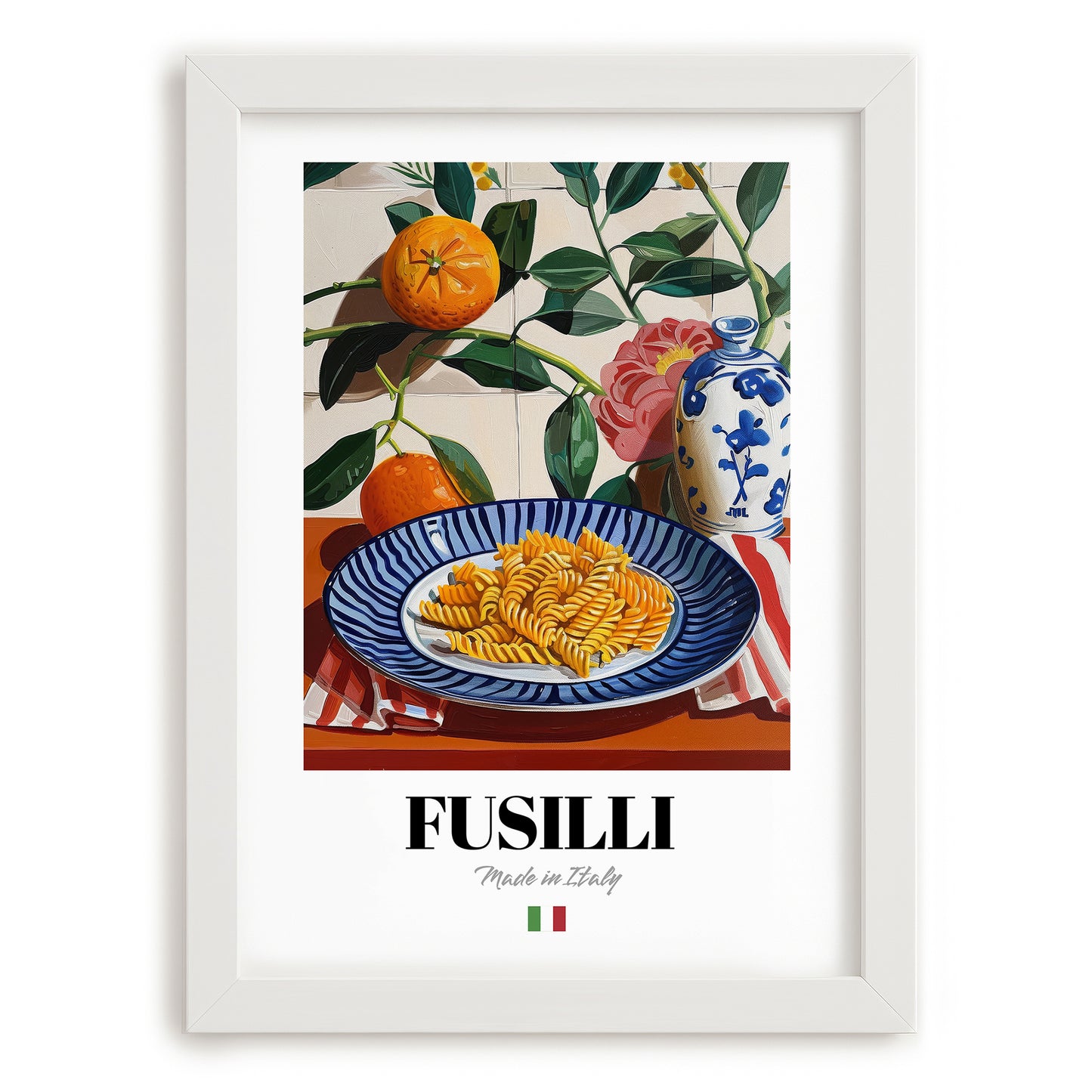 Fusilli – Italian Pasta, Restaurant Poster, placed in minimal white frame