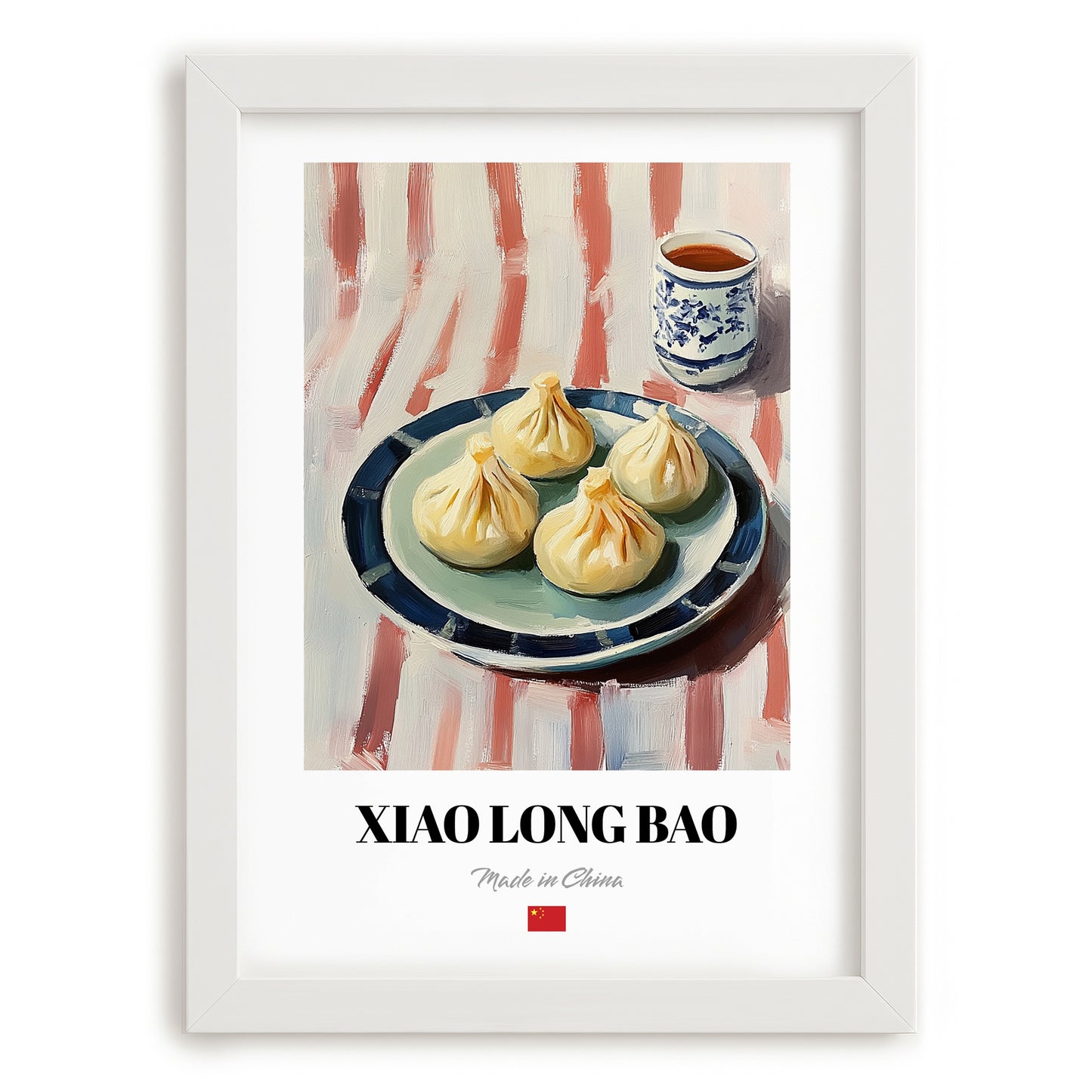 Xiao Long Bao – on Striped Tablecloth, Chinese Food Painting, placed in minimal white frame