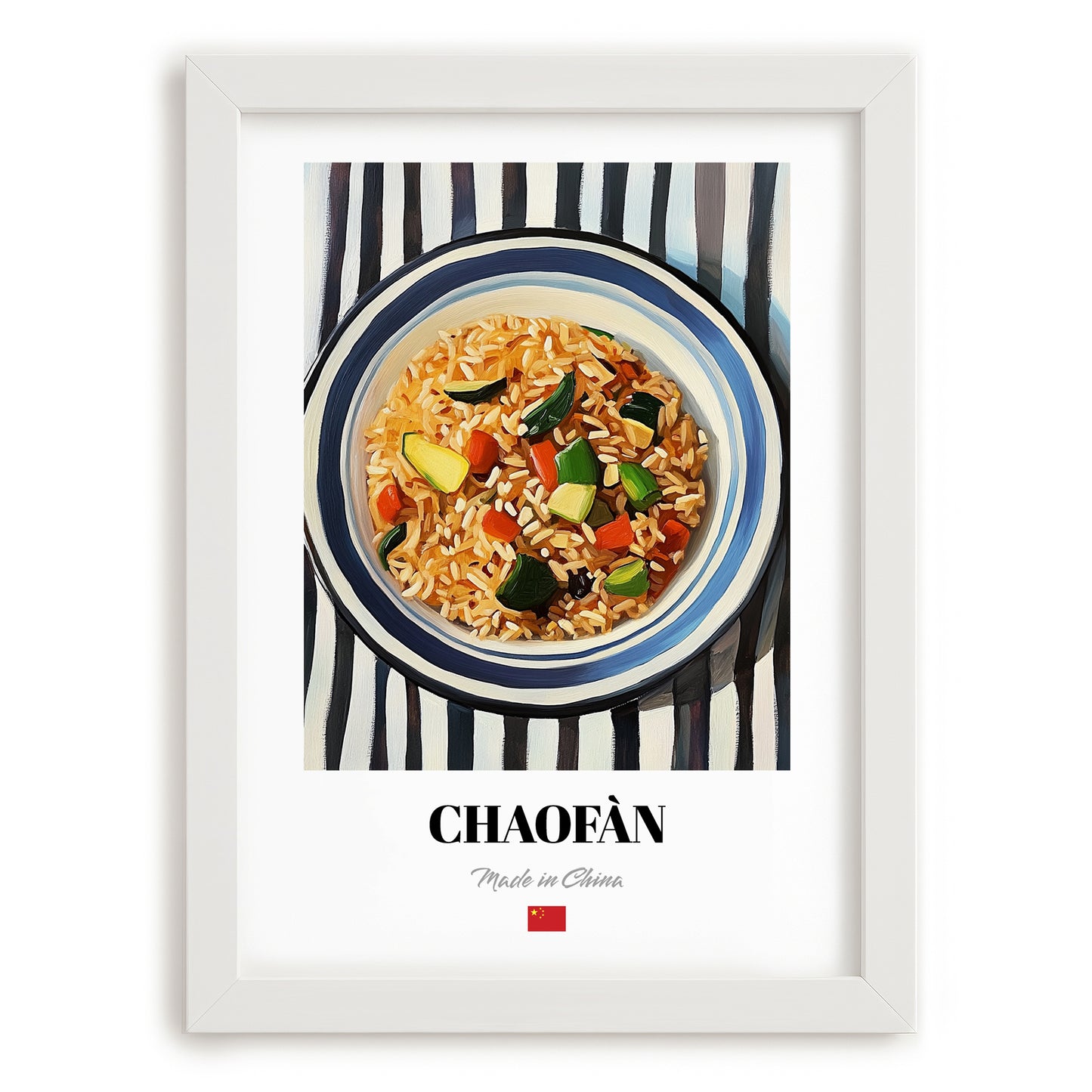 Chǎofàn (Fried Rice) – on Striped Tablecloth, Chinese Food Still Life, placed in minimal white frame