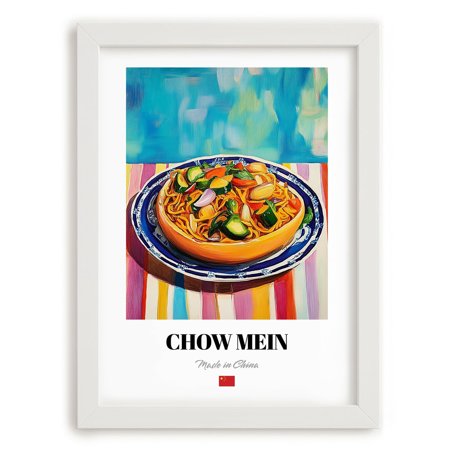 Chow Mein – Oil Painting, Chinese Food Wall Decor, placed in minimal white frame