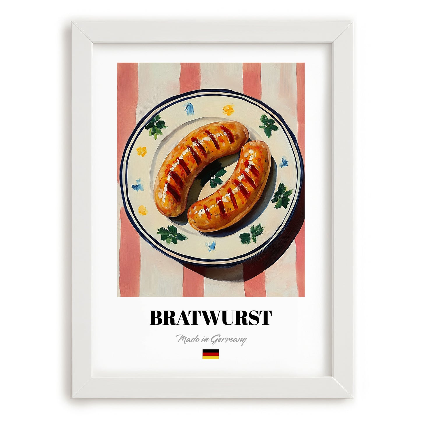 Bratwurst – on Striped Tablecloth, German Food Painting, placed in minimal white frame