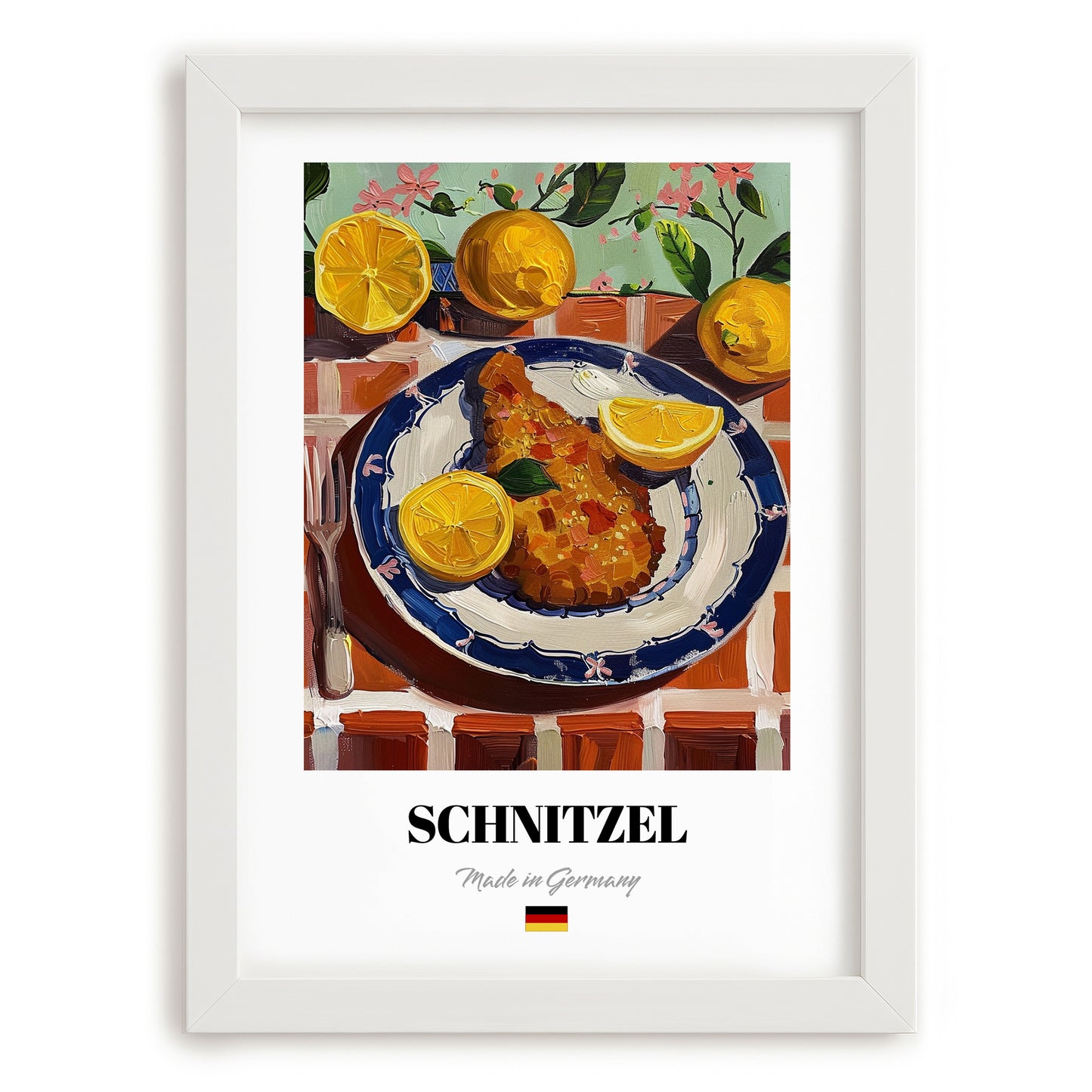 Schnitzel – Oil Painting, German Food Wall Decor, placed in minimal white frame