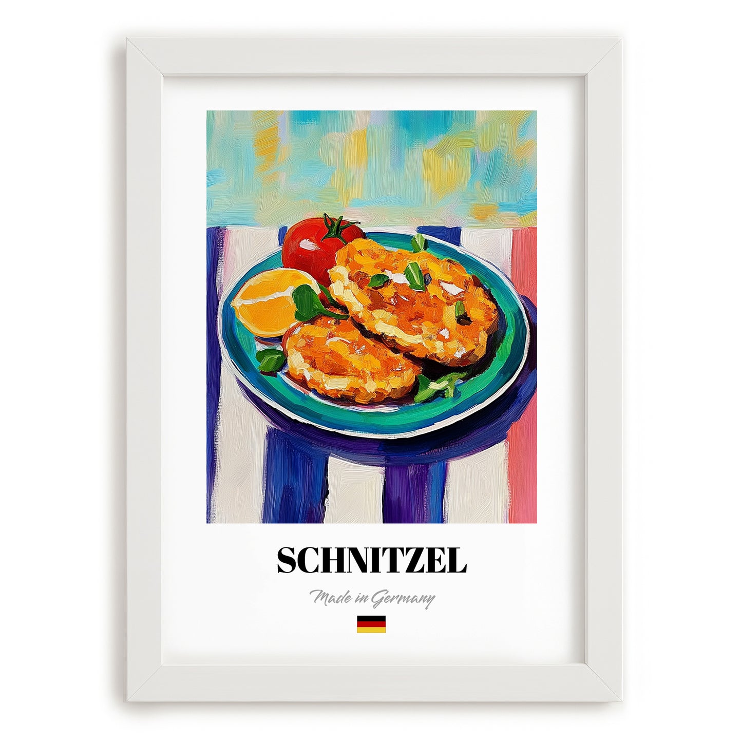 Schnitzel – Oil Painting, German Food Print, placed in minimal white frame