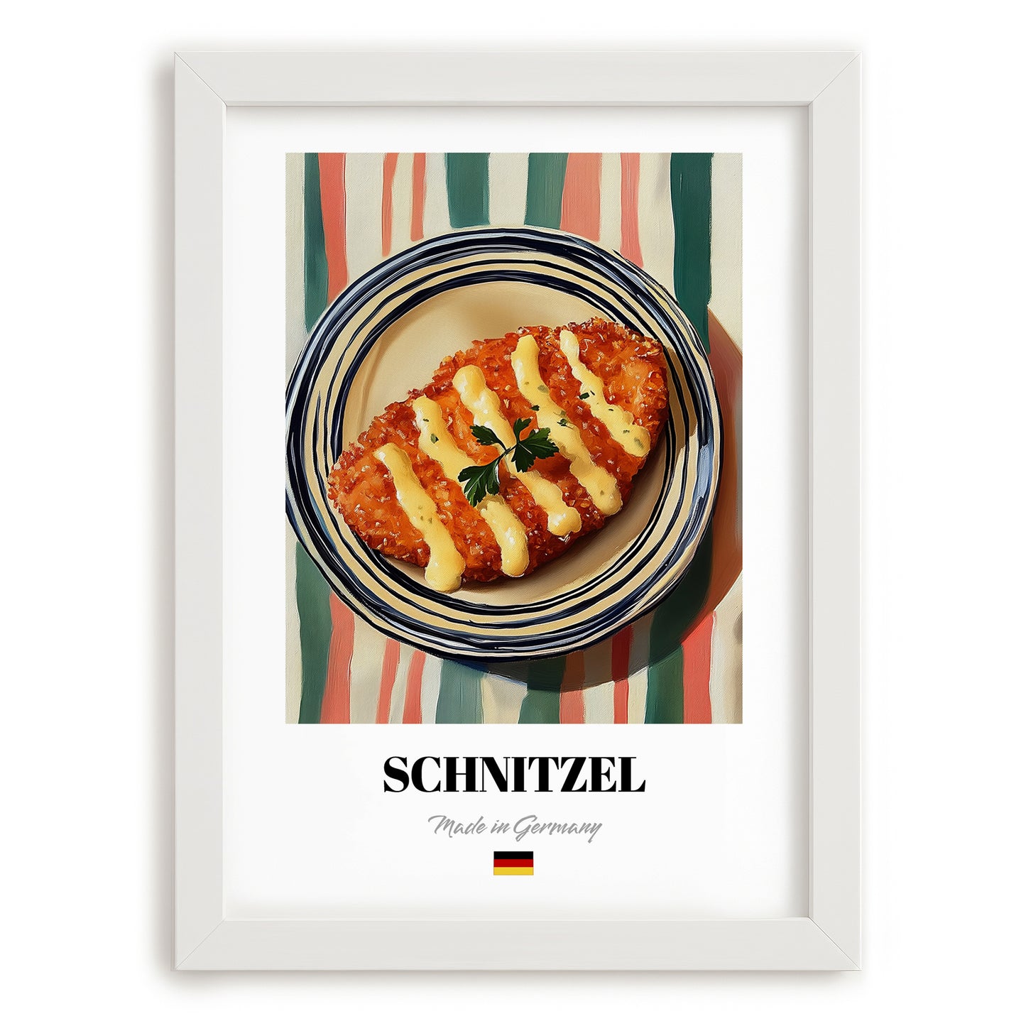 Schnitzel – on Striped Tablecloth, German Food Poster, placed in minimal white frame