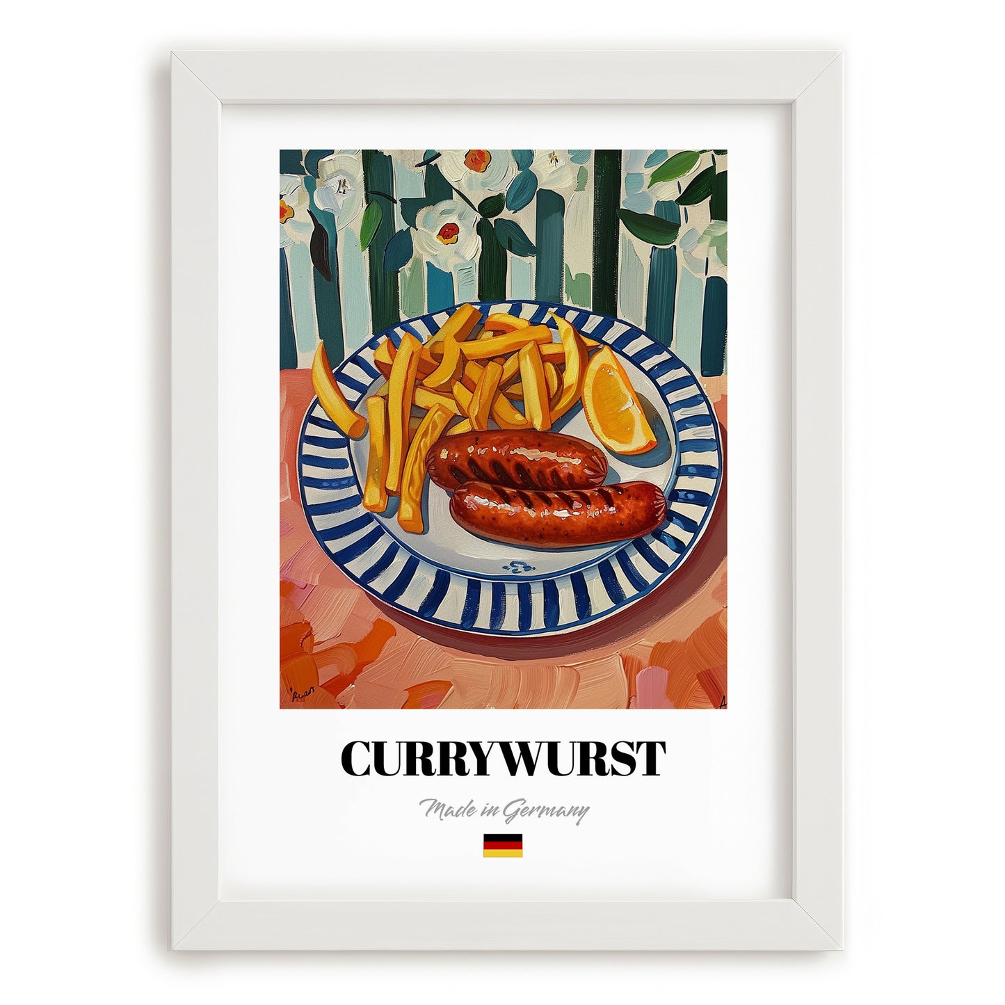 Currywurst – Art, German Food Still Life, placed in minimal white frame