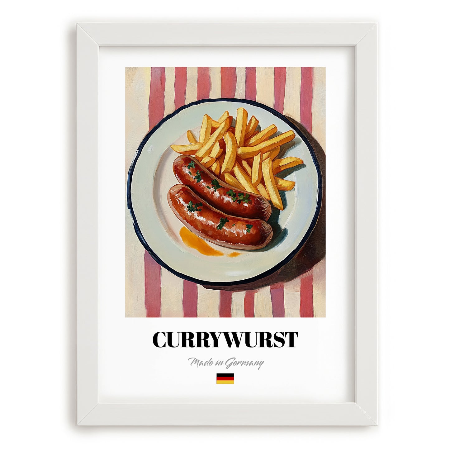 Currywurst – on Striped Tablecloth, German Food Print, placed in minimal white frame