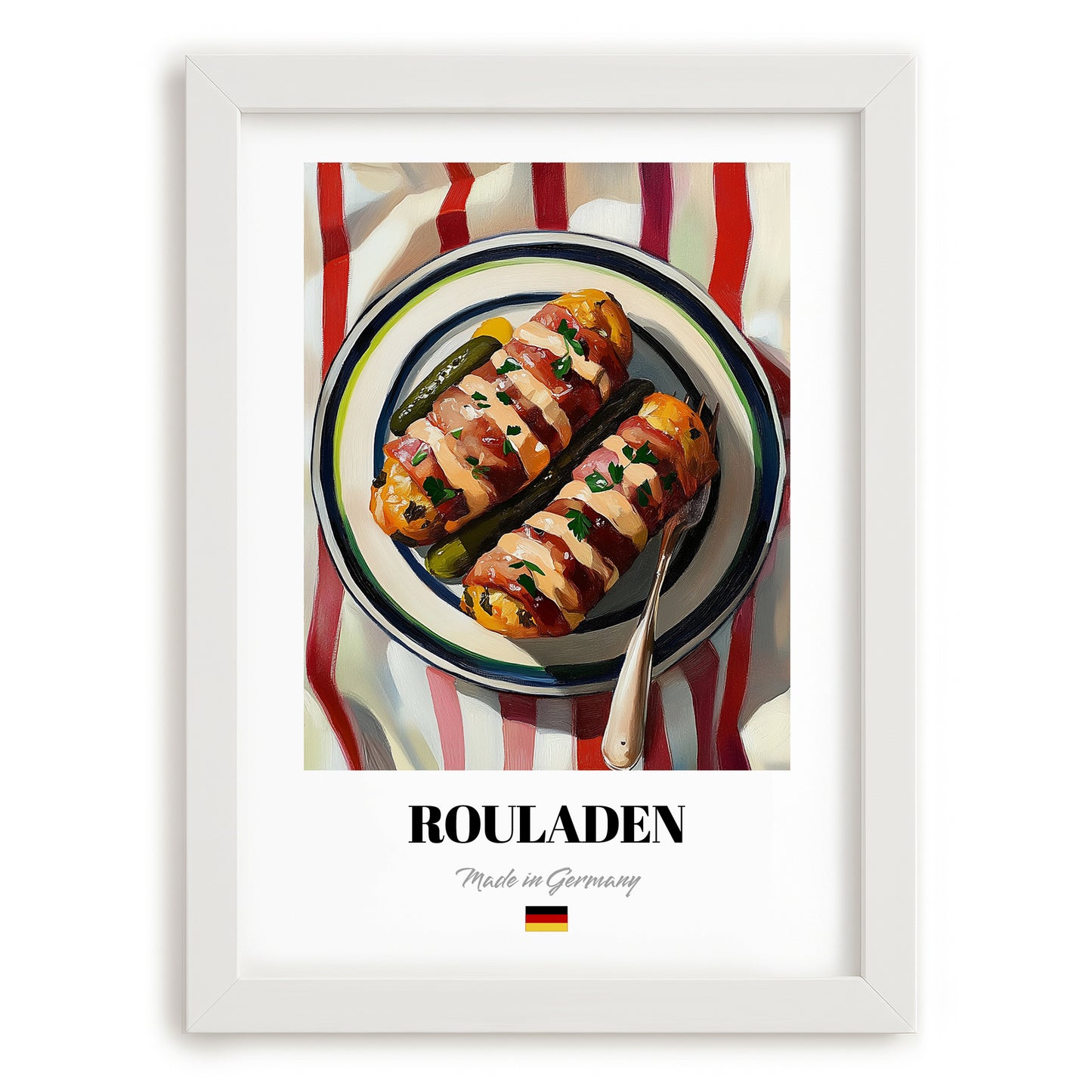 Rouladen – on Striped Tablecloth, German Food Print, placed in minimal white frame