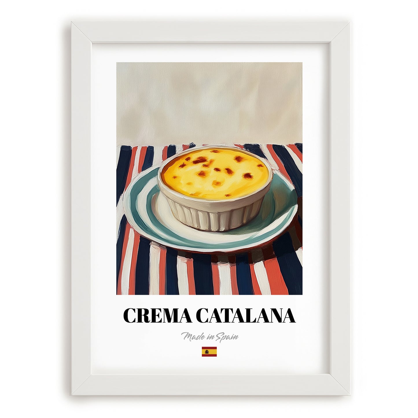 Crema Catalana – on Striped Tablecloth, Spanish Dessert Wall Art, placed in minimal white frame