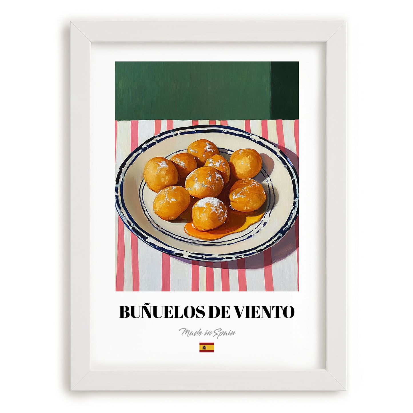 Buñuelos de Viento – on Striped Tablecloth, Spanish Dessert Still Life, placed in minimal white frame