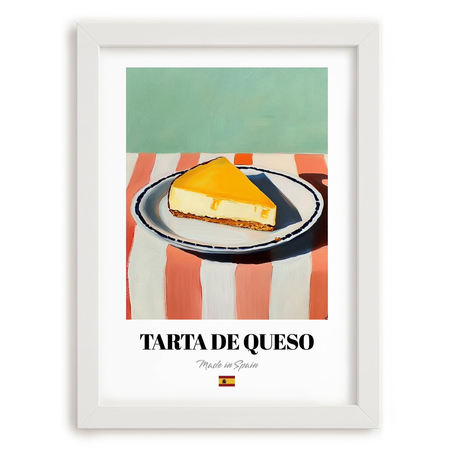 Tarta de Queso (Basque Cheesecake) – on Striped Tablecloth, Spanish Dessert Wall Decor, placed in minimal white frame