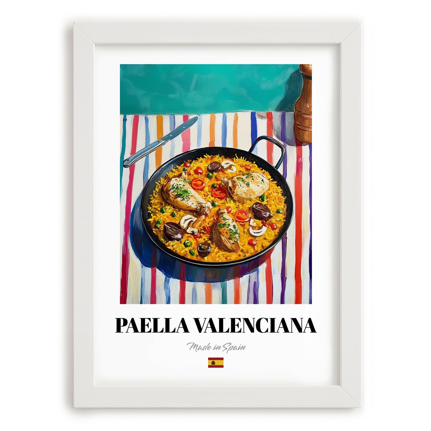 Paella Valenciana – on Striped Tablecloth, Spanish Food Painting, placed in minimal white frame