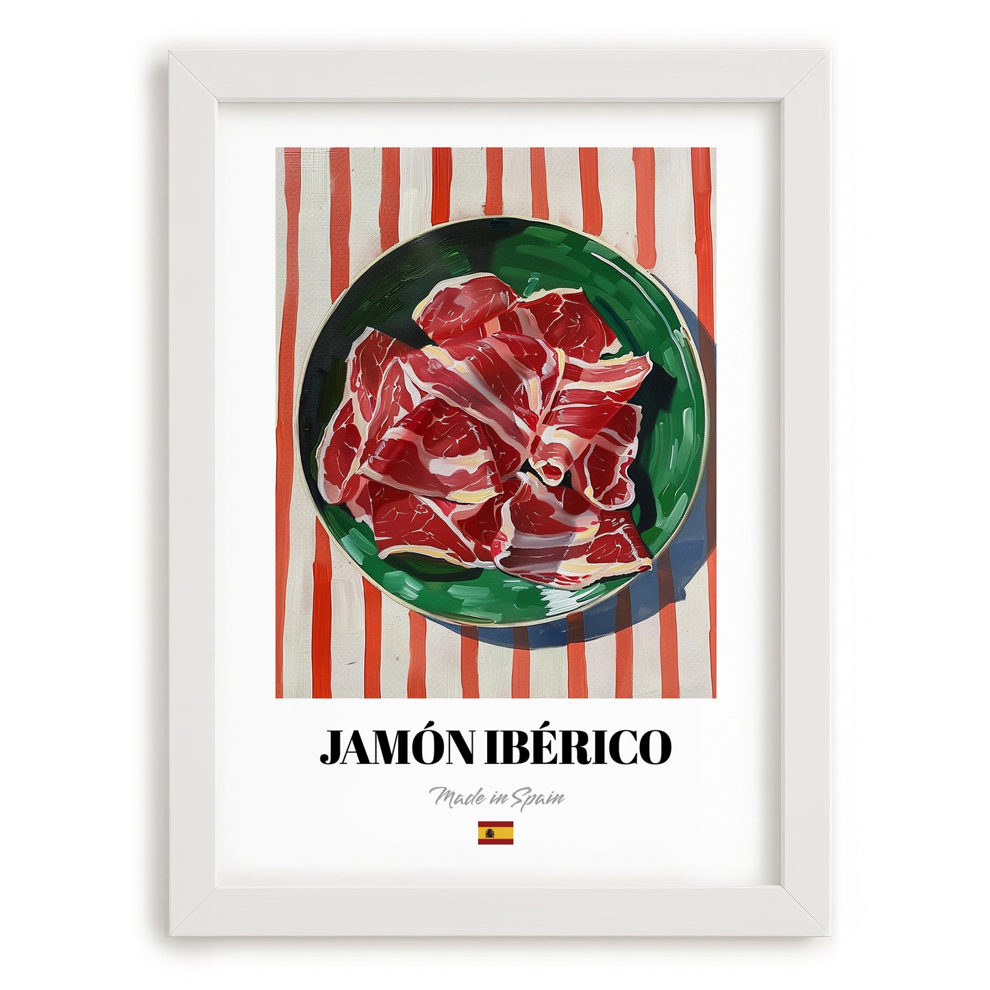 Jamón Ibérico – on Striped Tablecloth, Spanish Food Print, placed in minimal white frame