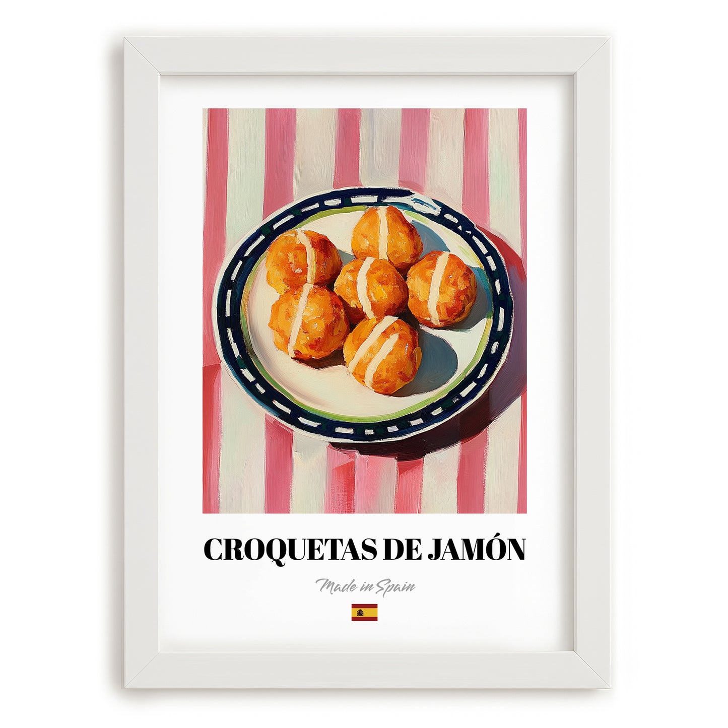 Croquetas de Jamón – on Striped Tablecloth, Spanish Food Still Life, placed in minimal white frame