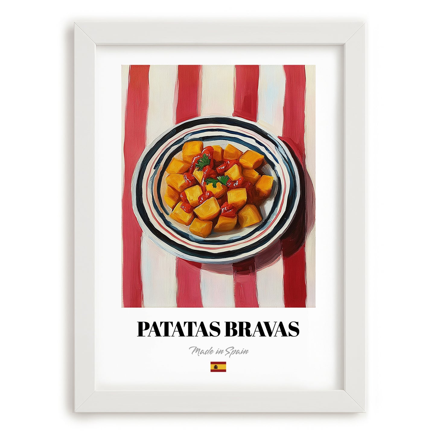Patatas Bravas – on Striped Tablecloth, Spanish Food Wall Art, placed in minimal white frame