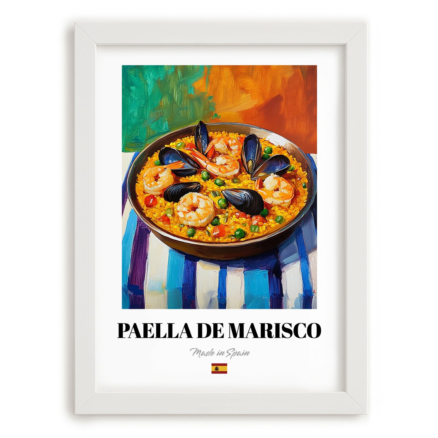 Paella de Marisco – Colorful Oil Painting, Spanish Food Print, placed in minimal white frame