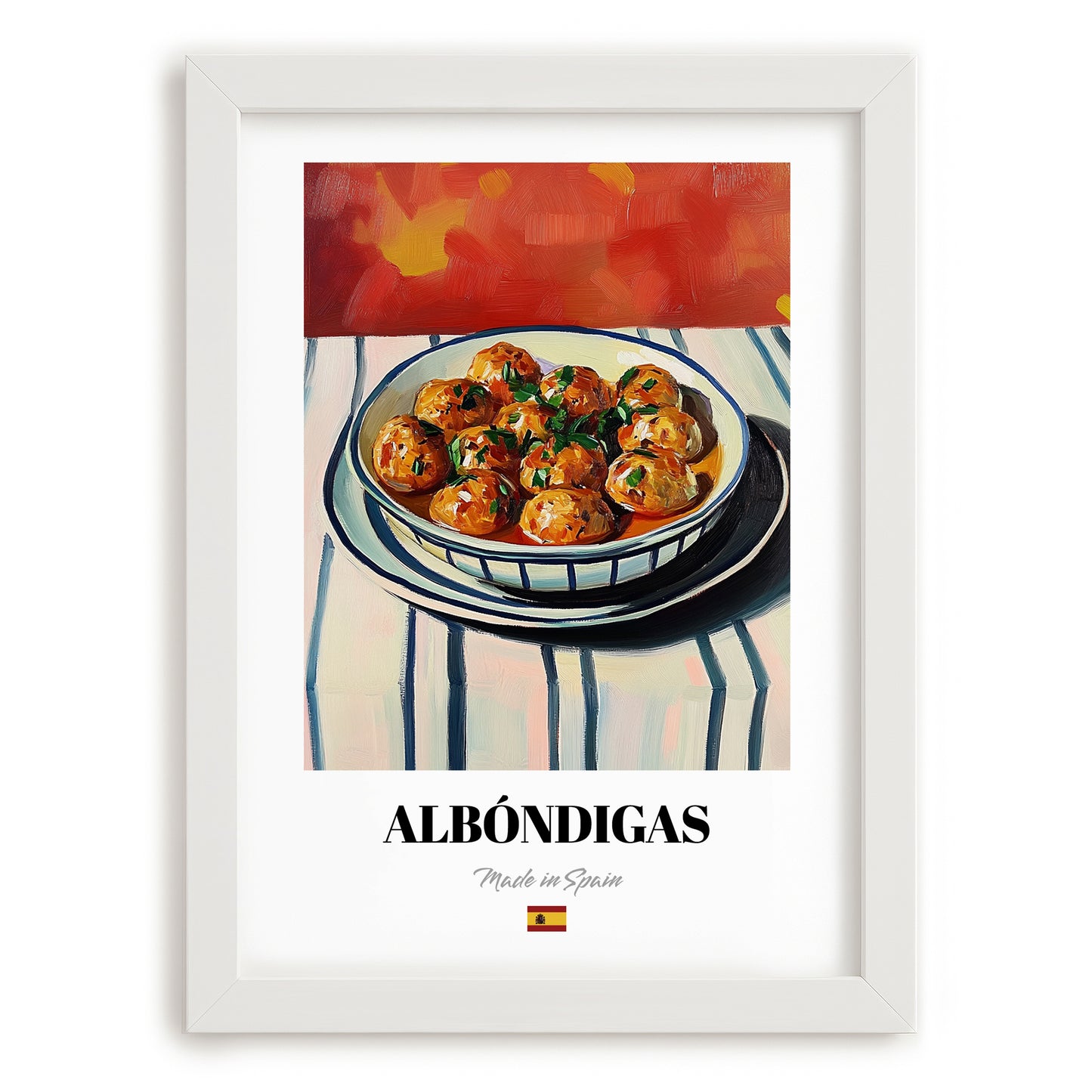 Albóndigas – Colorful Oil Painting, Spanish Food Poster, placed in minimal white frame