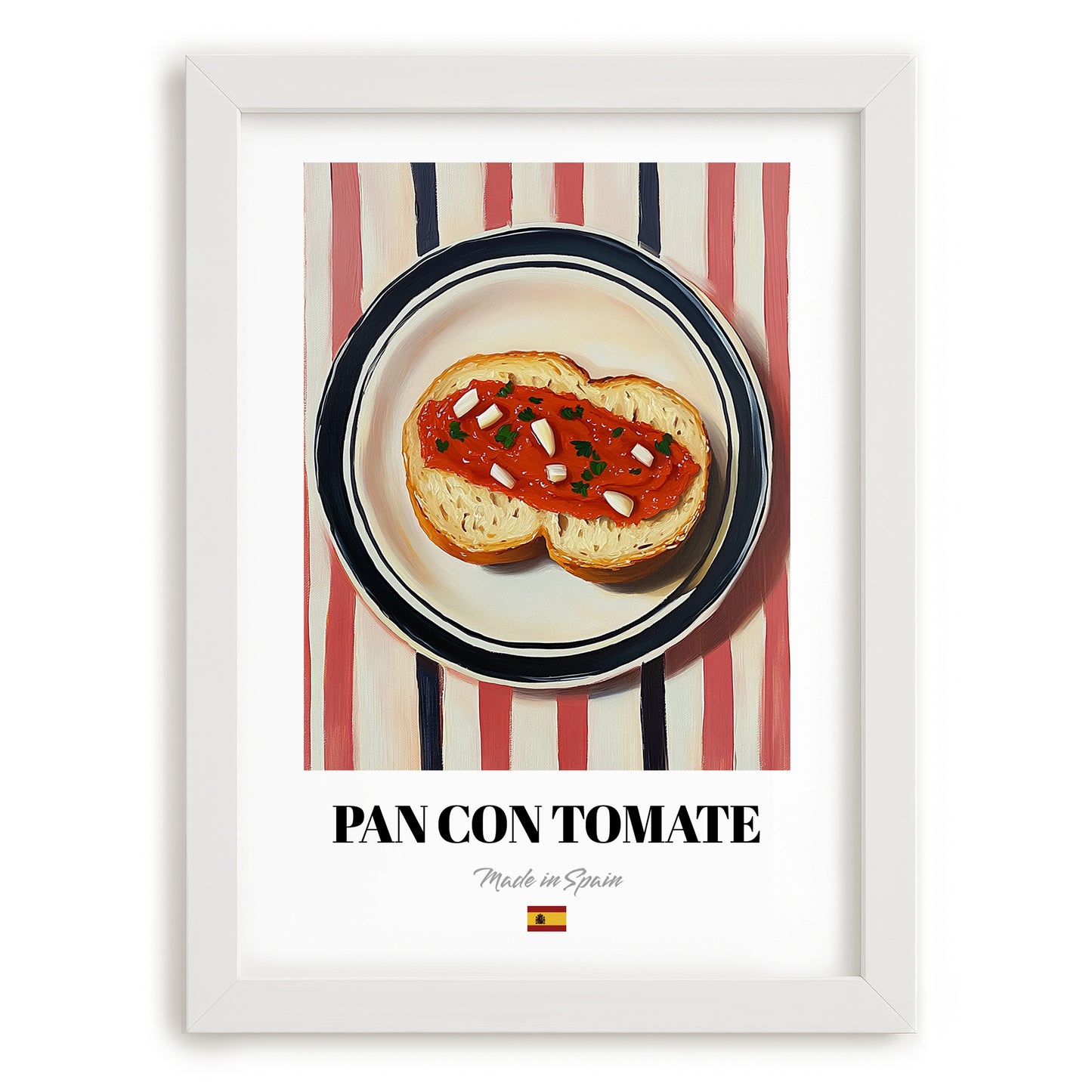 Pan con Tomate – on Striped Tablecloth, Spanish Food Wall Decor, placed in minimal white frame