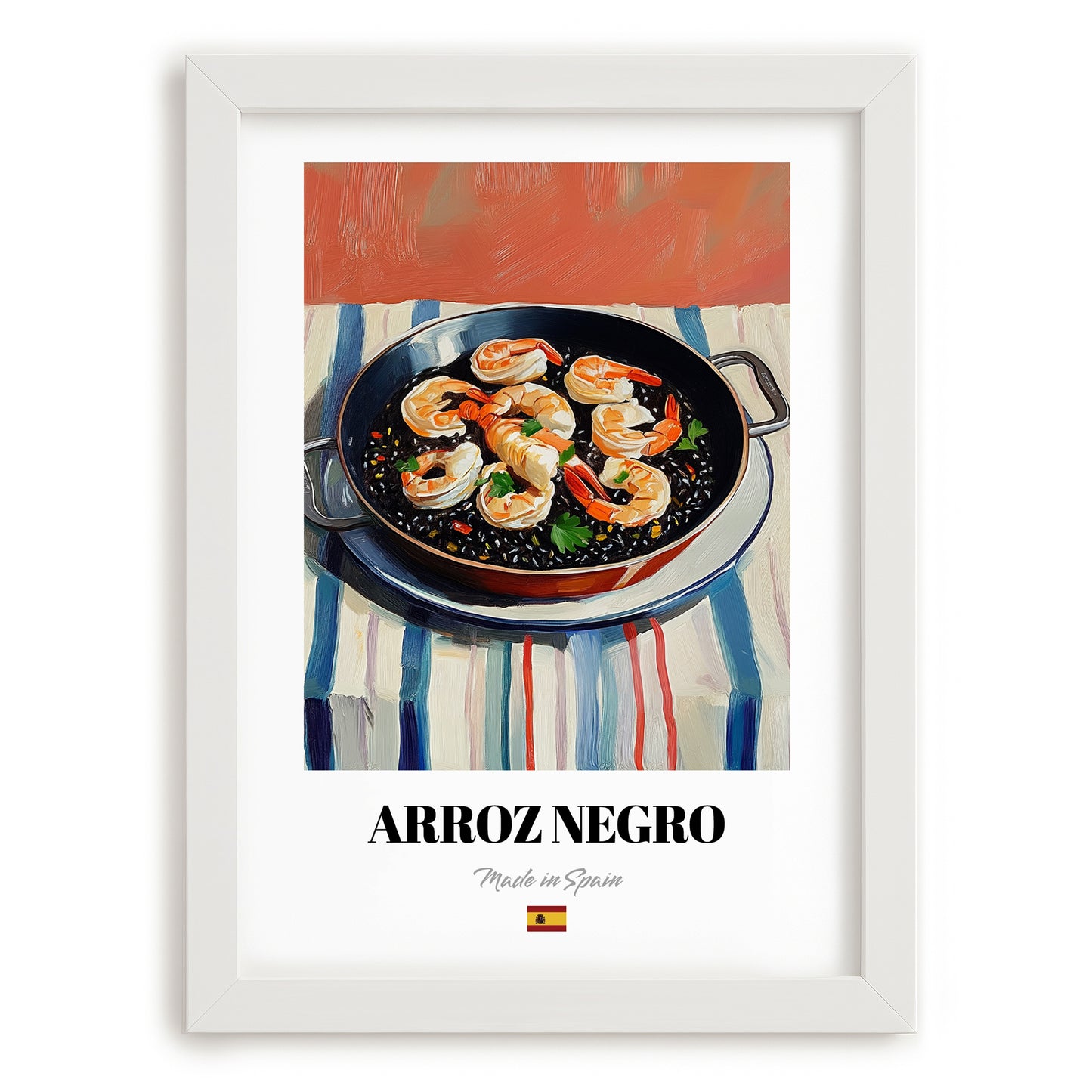 Arroz Negro – Oil Painting, Spanish Food Still Life, placed in minimal white frame