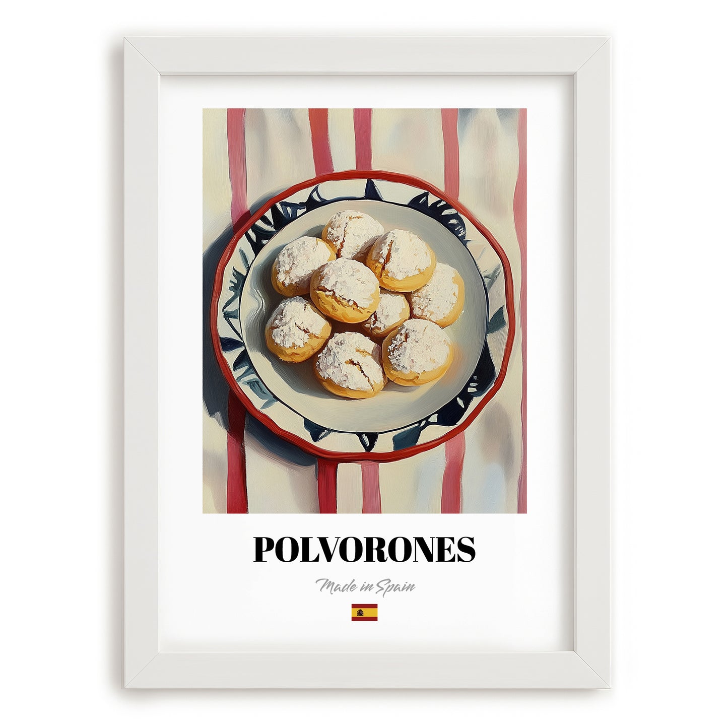 Polvorones – on Striped Tablecloth, Spanish Dessert Wall Art, placed in minimal white frame