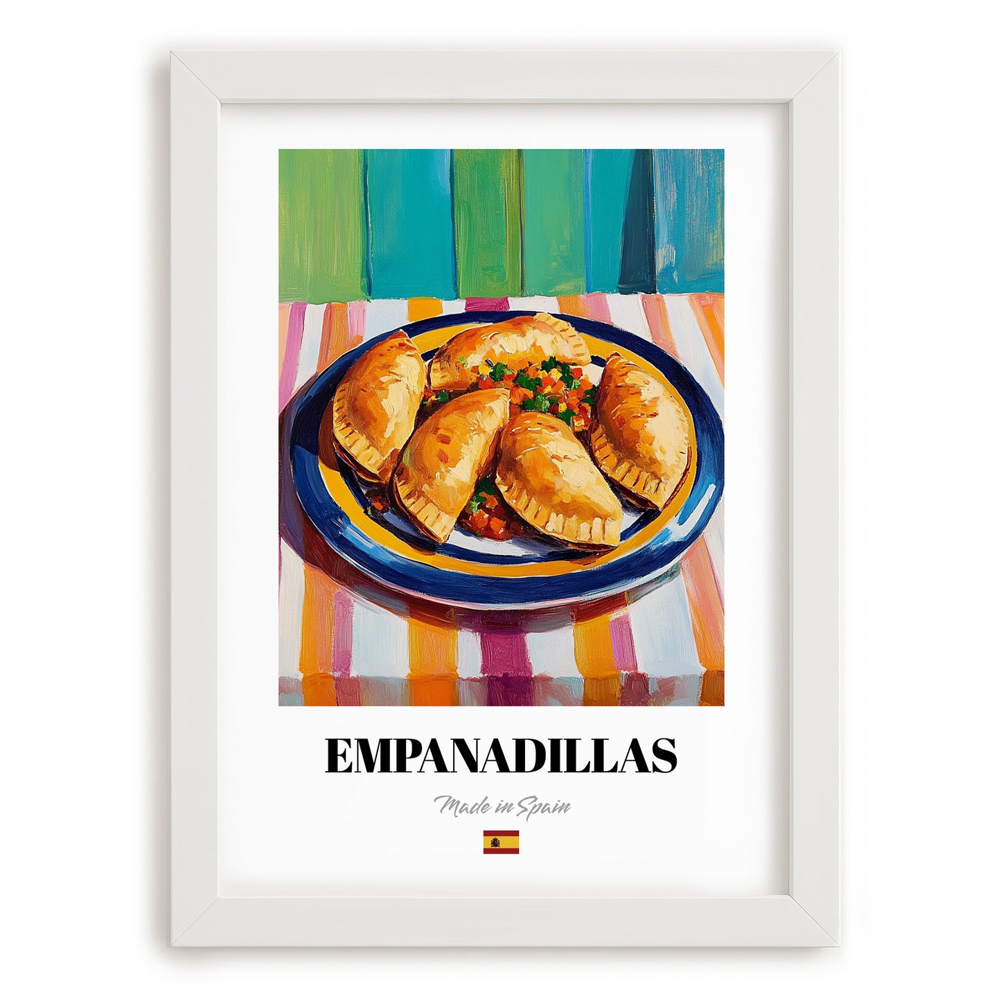 Empanadillas – Colorful Oil Painting, Spanish Pastry Illustration, placed in minimal white frame