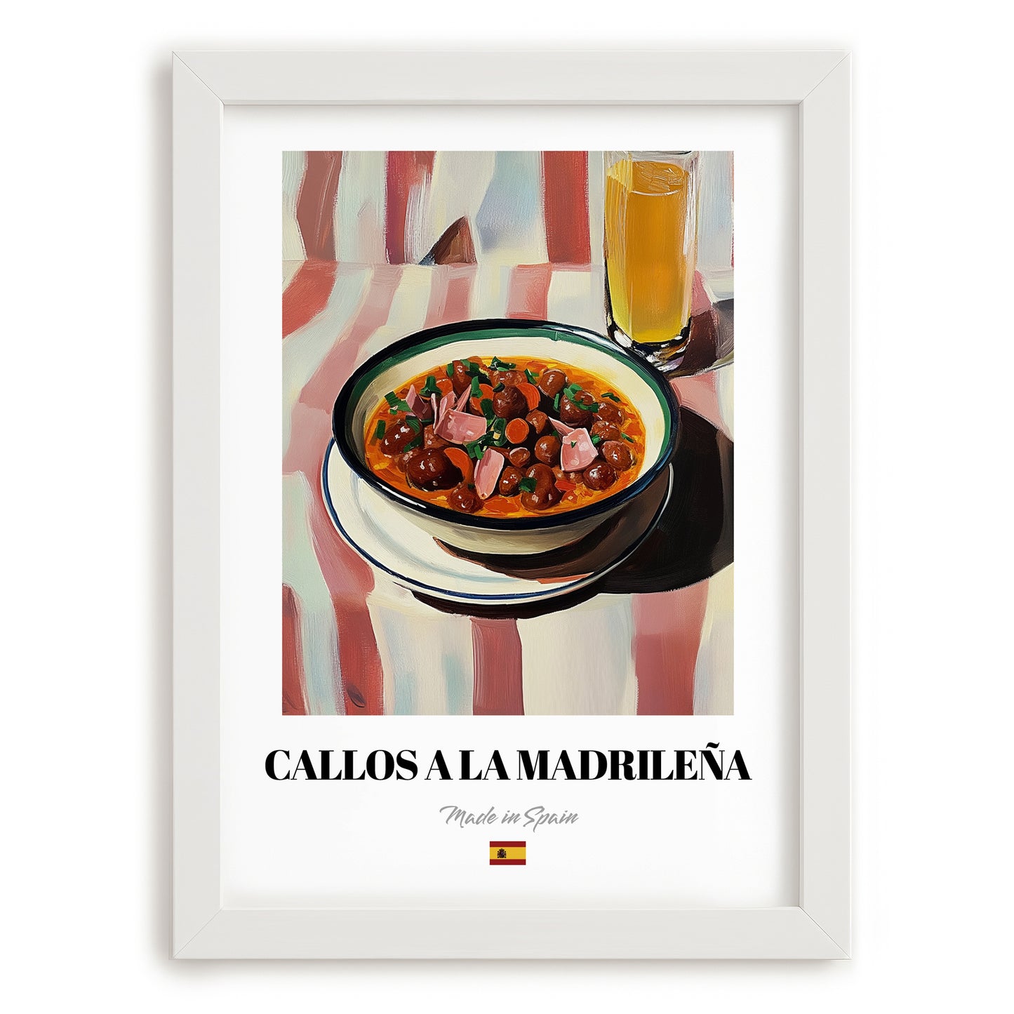 Callos a la Madrileña – on Striped Tablecloth, Spanish Food Illustration, placed in minimal white frame