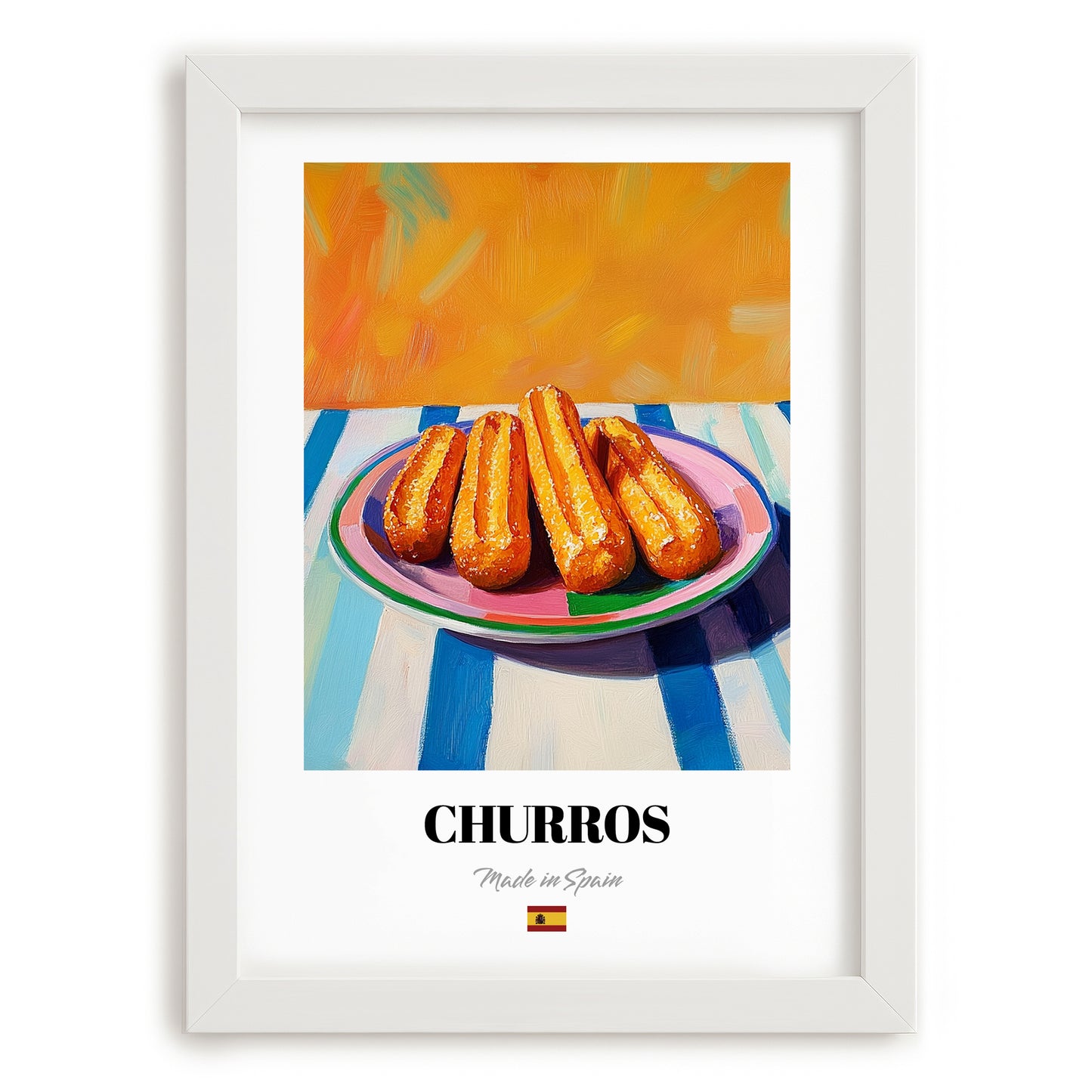 Churros – Colorful Oil Painting, Spanish Dessert Wall Art, placed in minimal white frame