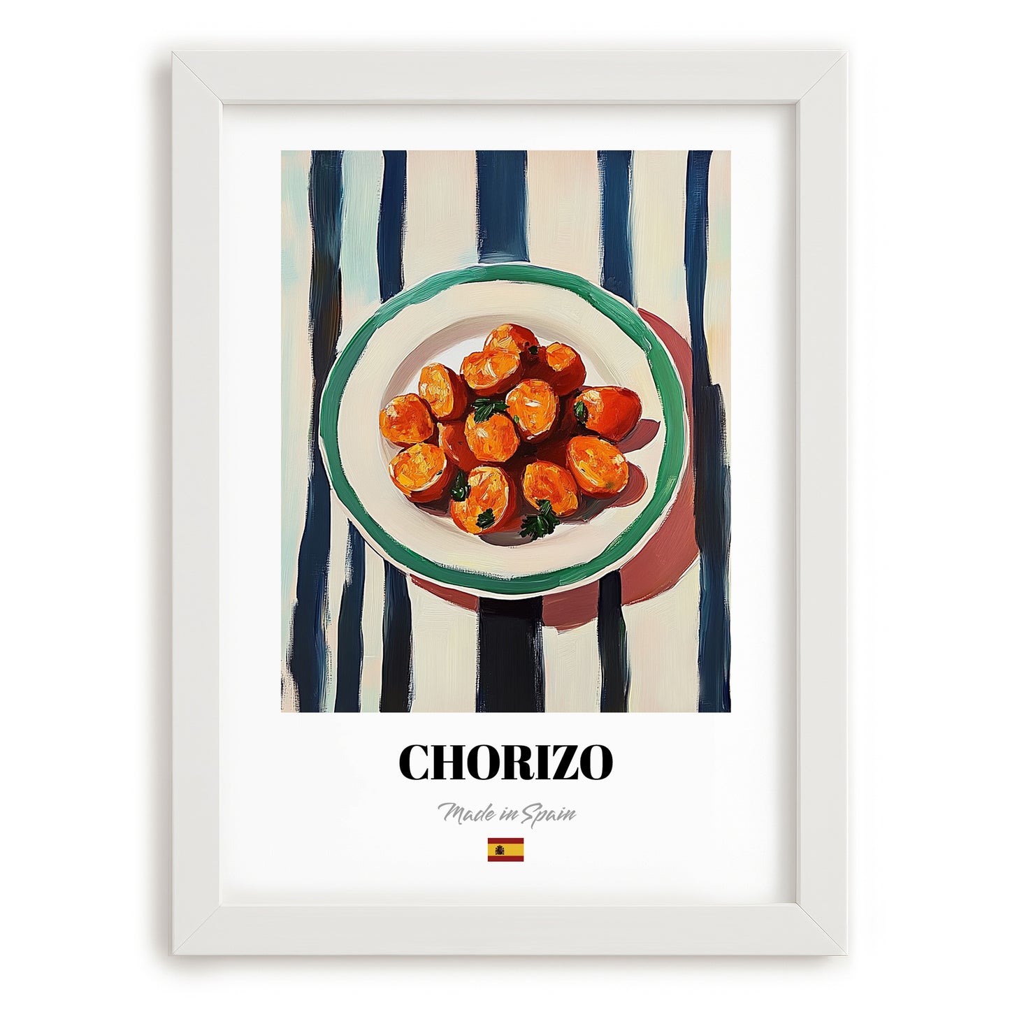 Chorizo – on Striped Tablecloth, Spanish Food Wall Art, placed in minimal white frame