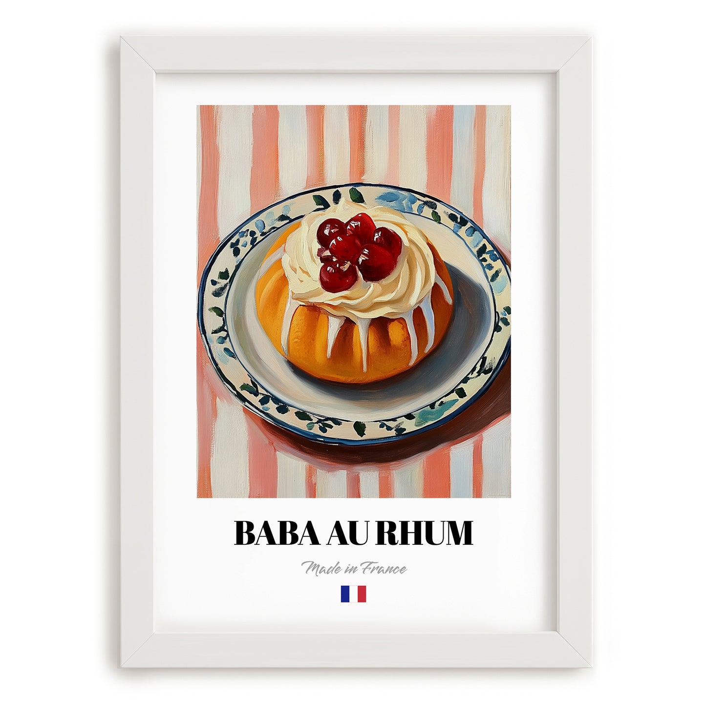 Baba au Rhum – on Striped Tablecloth, French French Dessert Still Life, placed in minimal white frame