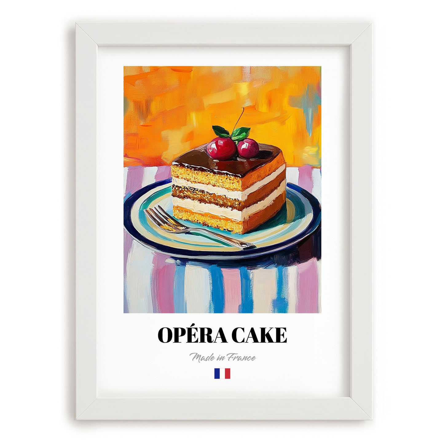 Opéra Cake – Colorful Oil Painting, French French Dessert Painting, placed in minimal white frame